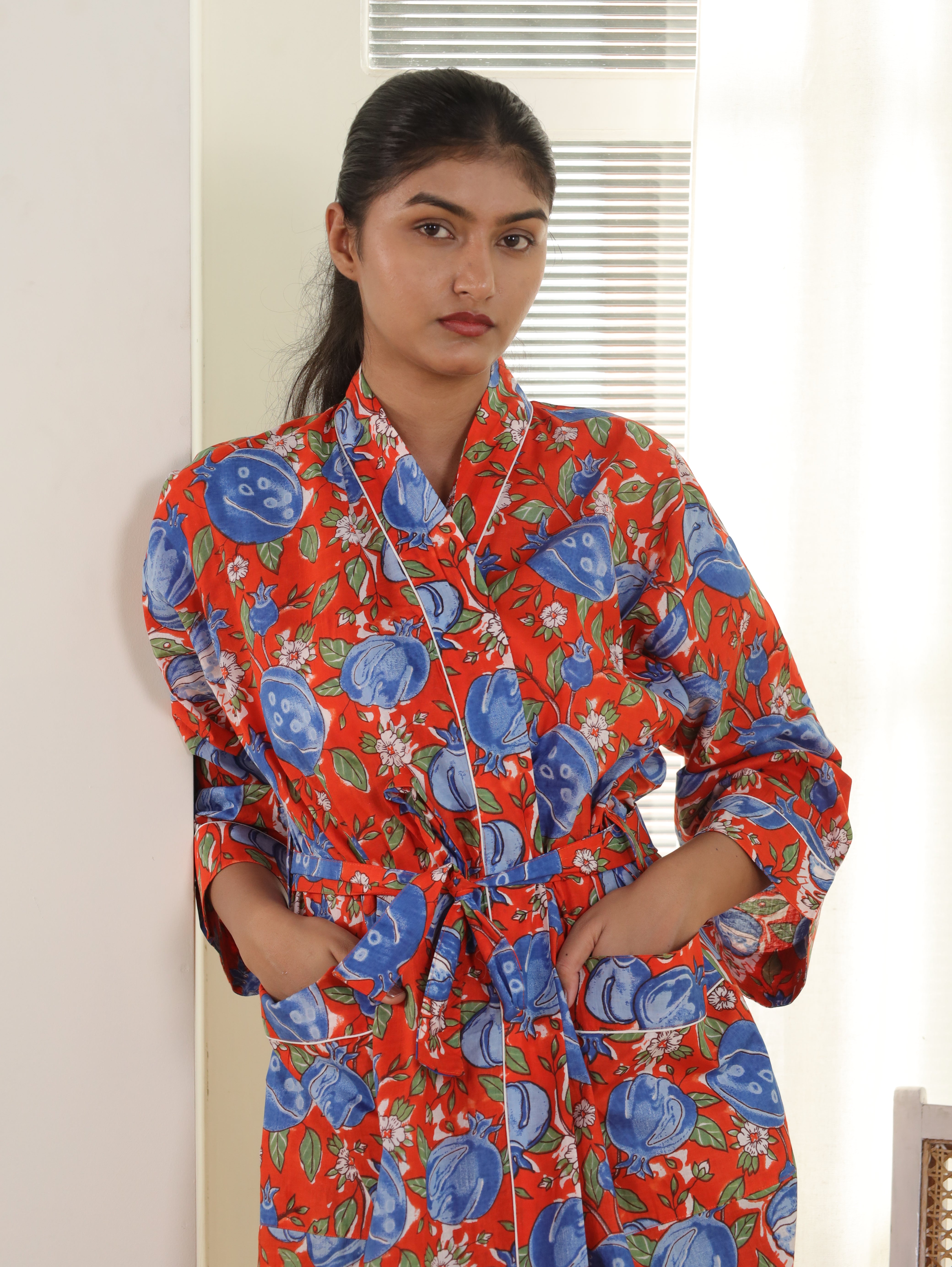 Cotton Kimono Handblock Printed Unisex Bathrobe - Free Size