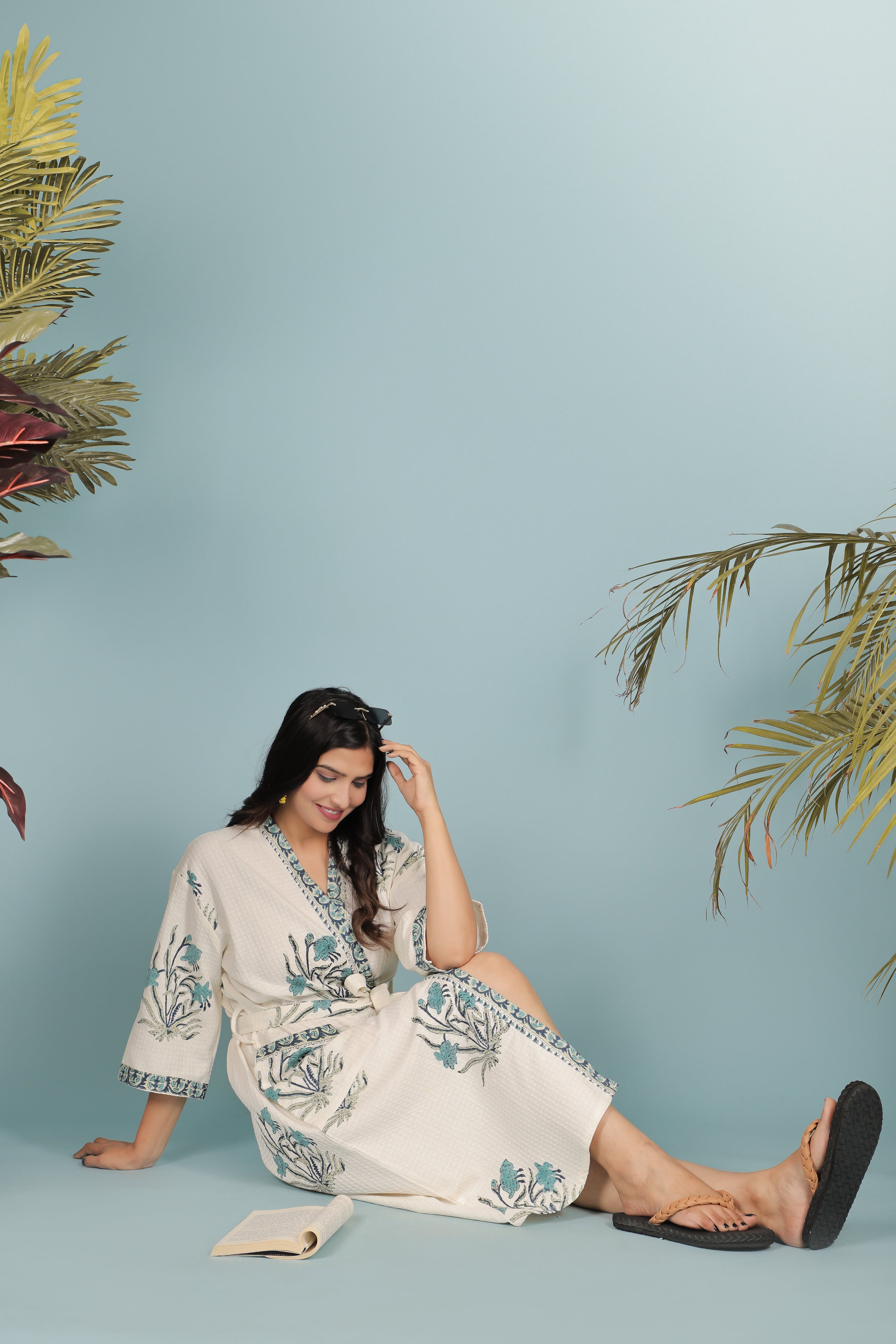 Waffle Cotton Handblock Printed Unisex Bathrobe - Free Size