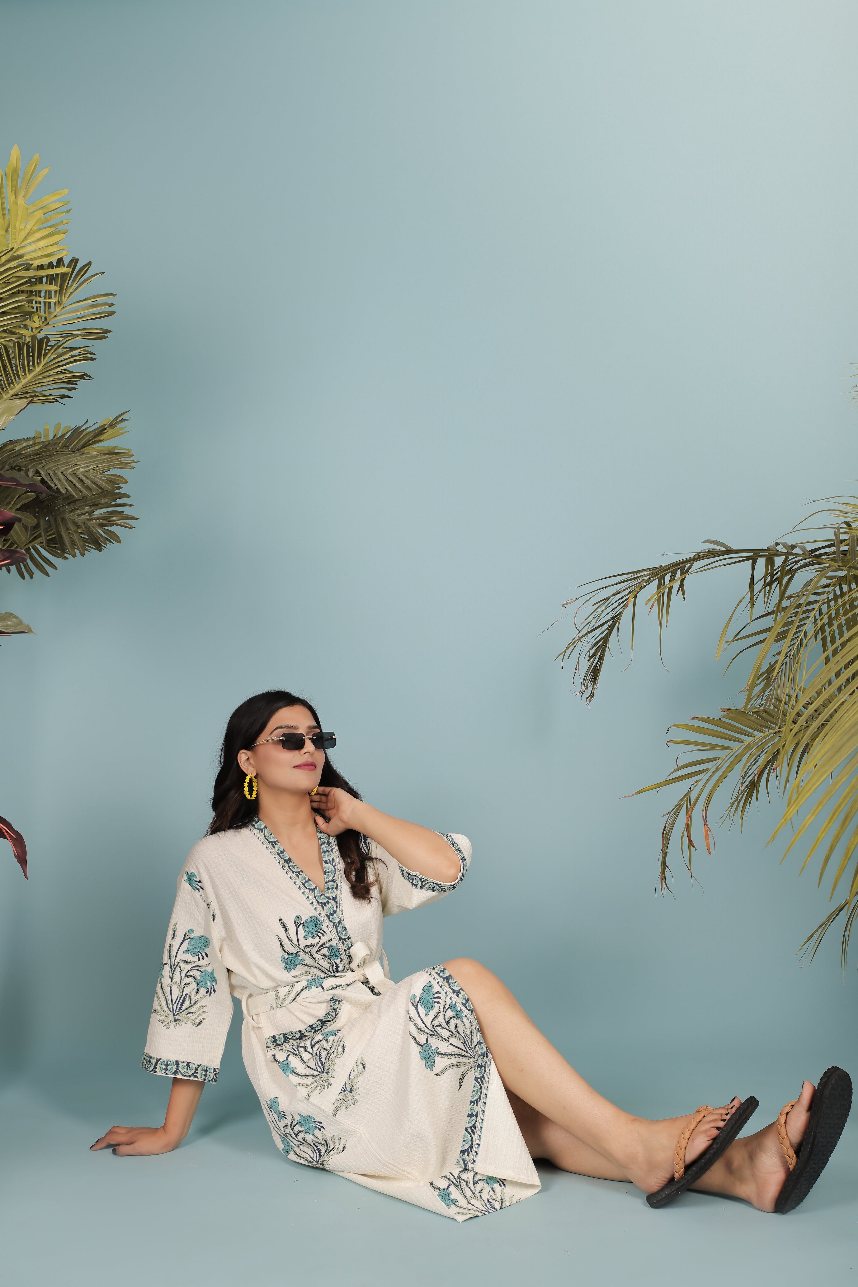 Waffle Cotton Handblock Printed Unisex Bathrobe - Free Size