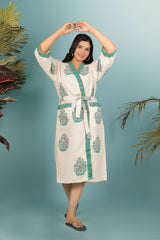 Waffle Cotton Handblock Printed Unisex Bathrobe - Free Size