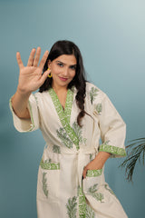 Waffle Cotton Handblock Printed Unisex Bathrobe - Free Size