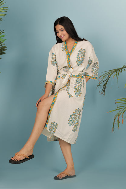 Waffle Cotton Handblock Printed Unisex Bathrobe - Free Size