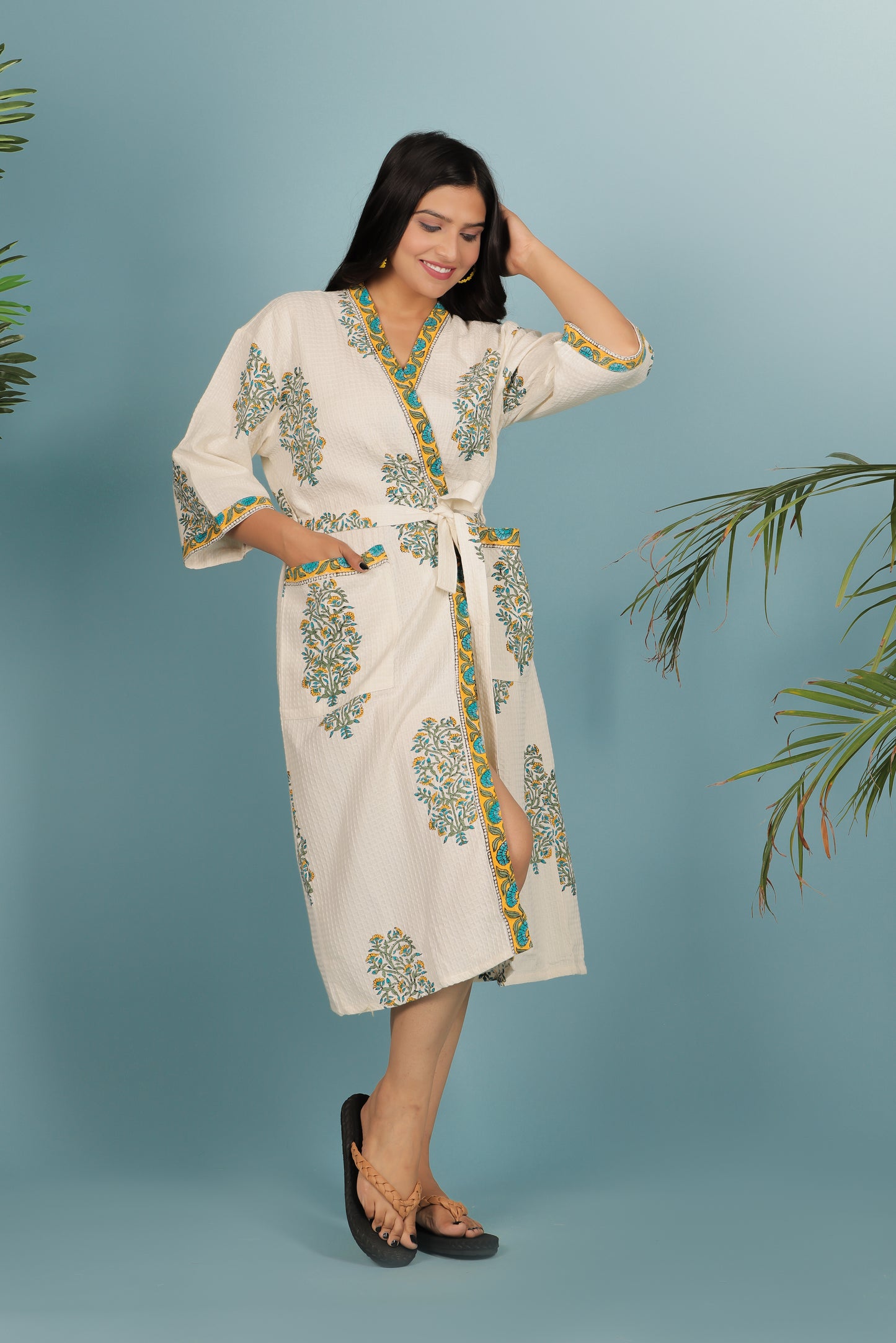 Waffle Cotton Handblock Printed Unisex Bathrobe - Free Size