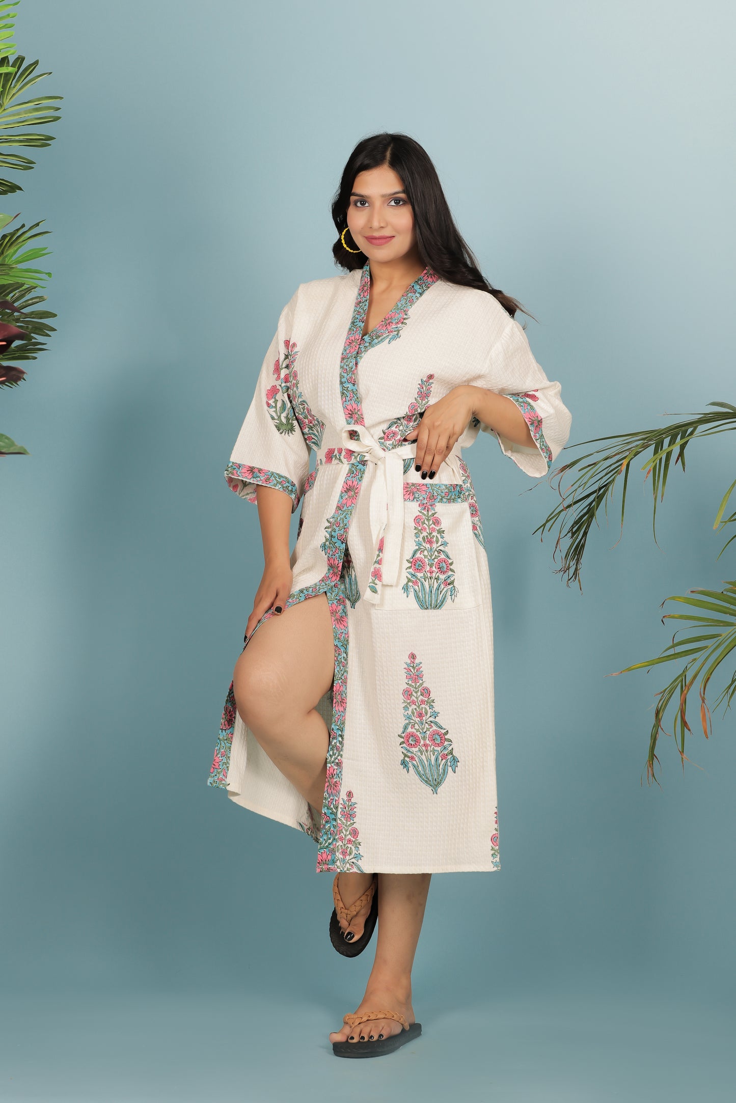 Waffle Cotton Handblock Printed Unisex Bathrobe - Free Size