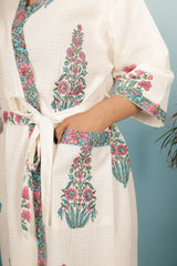 Waffle Cotton Handblock Printed Unisex Bathrobe - Free Size