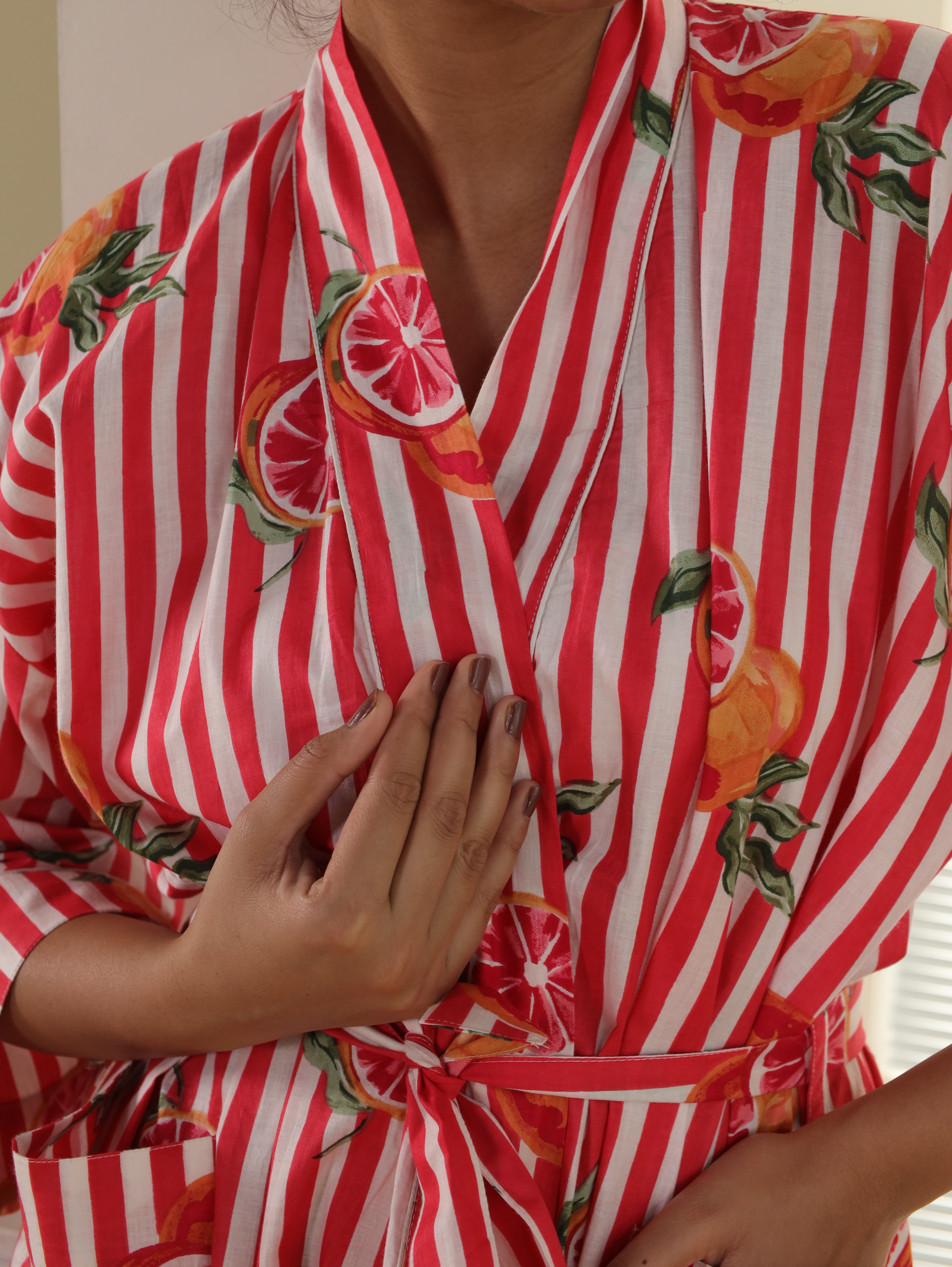 Cotton Kimono Handblock Printed Unisex Bathrobe - Free Size