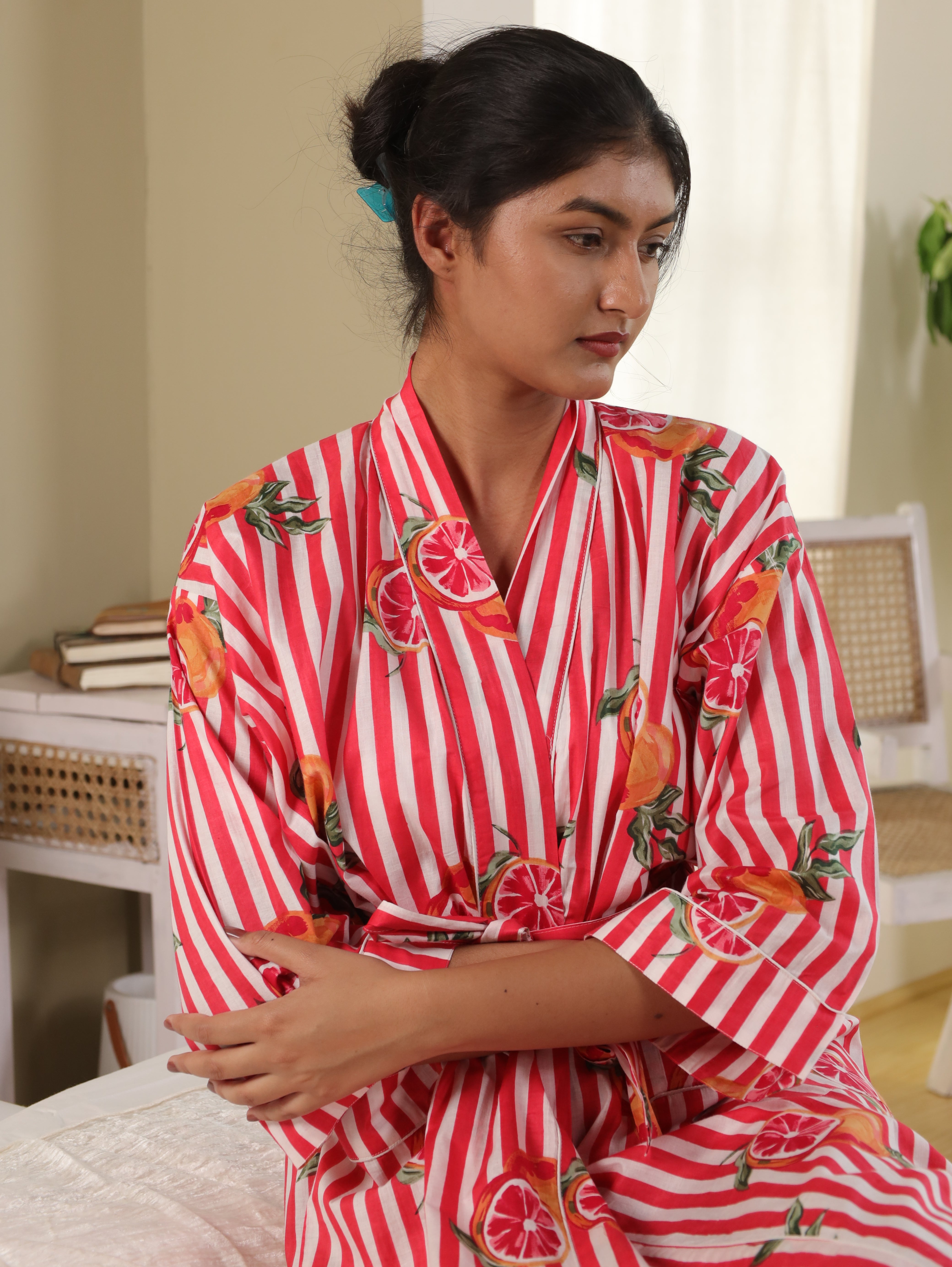 Cotton Kimono Handblock Printed Unisex Bathrobe - Free Size