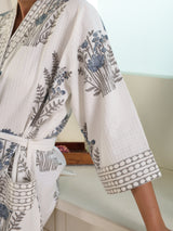 Waffle Cotton Handblock Printed Unisex Bathrobe - Free Size