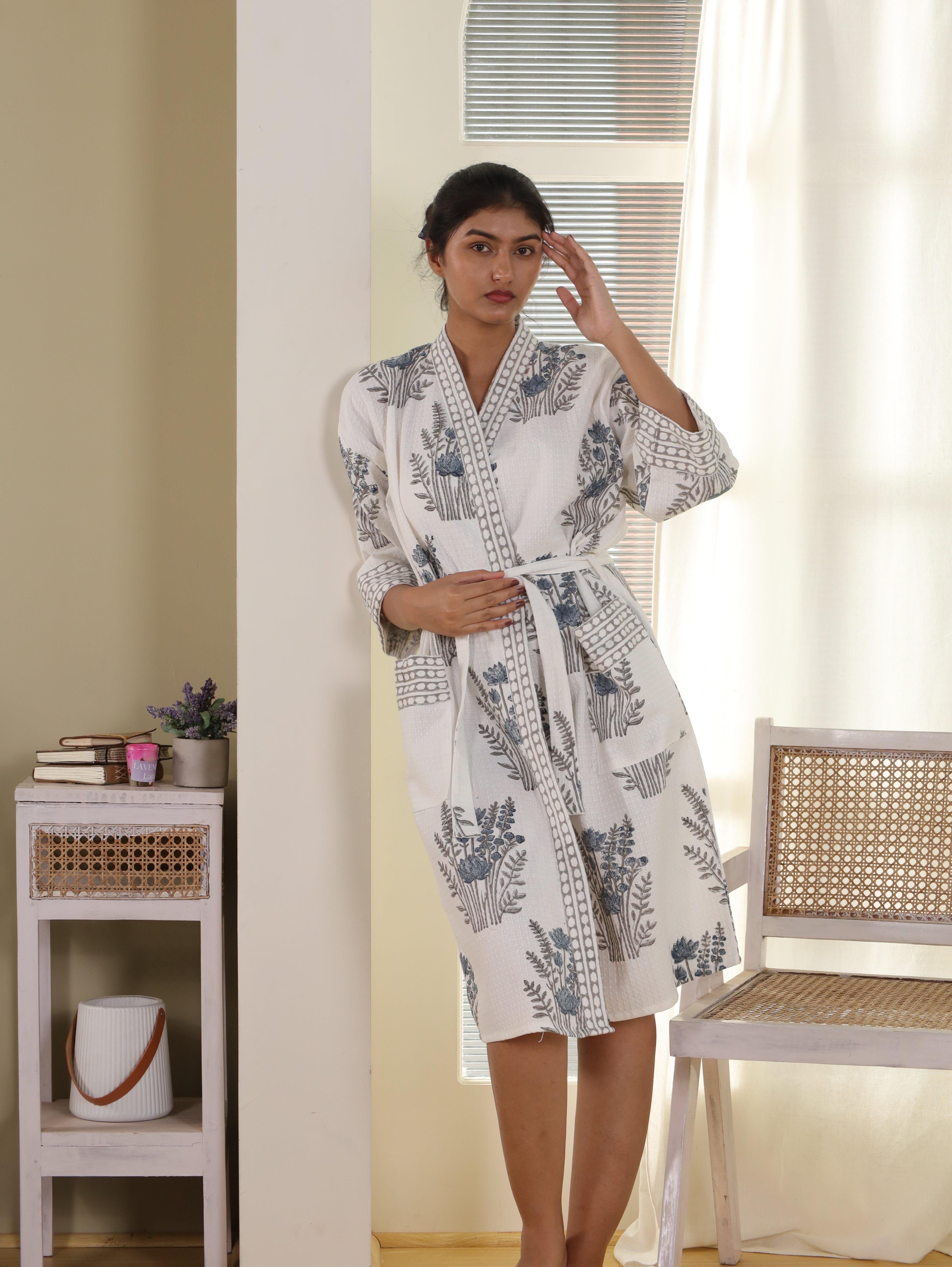 Waffle Cotton Handblock Printed Unisex Bathrobe - Free Size