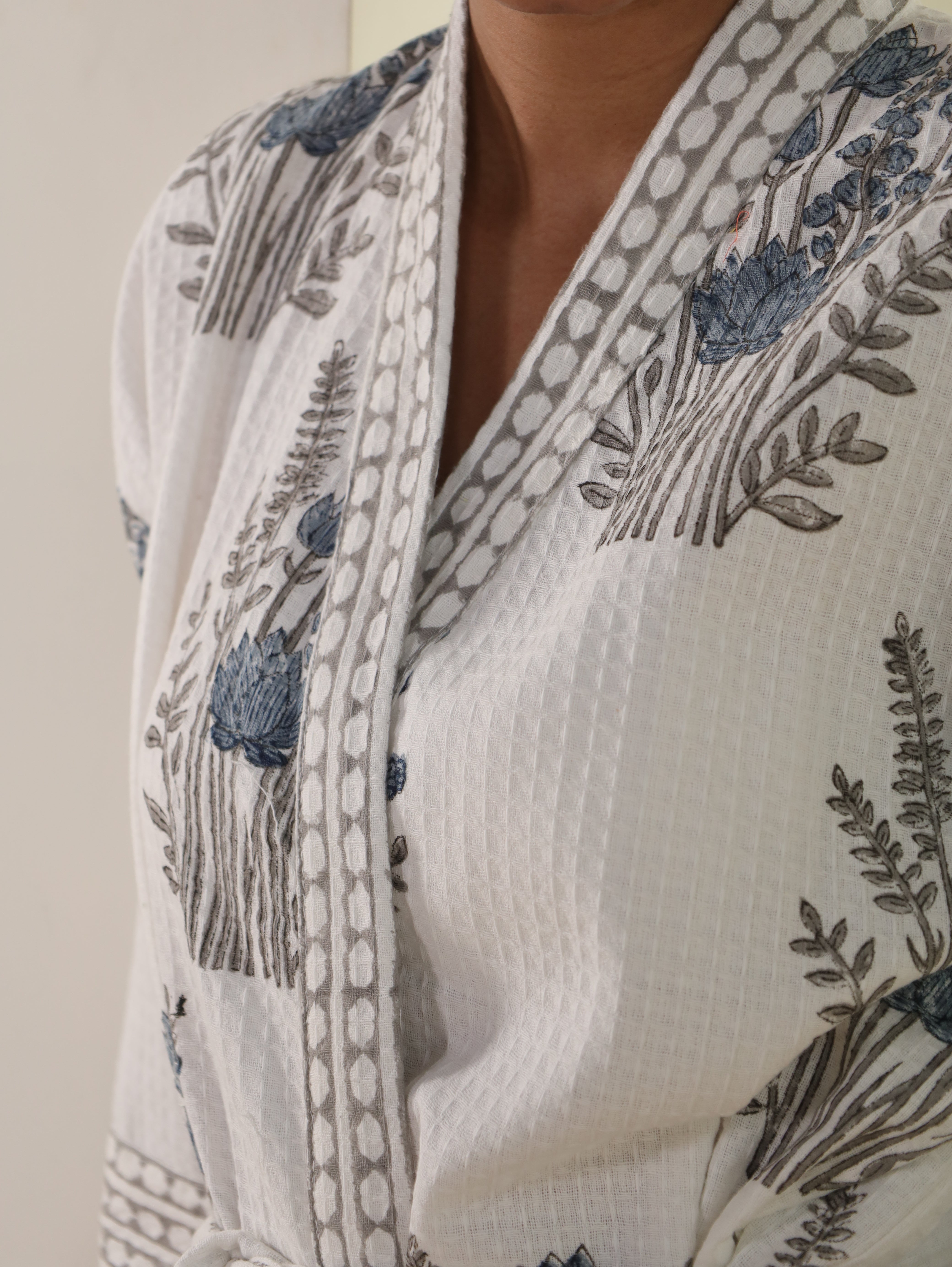 Waffle Cotton Handblock Printed Unisex Bathrobe - Free Size