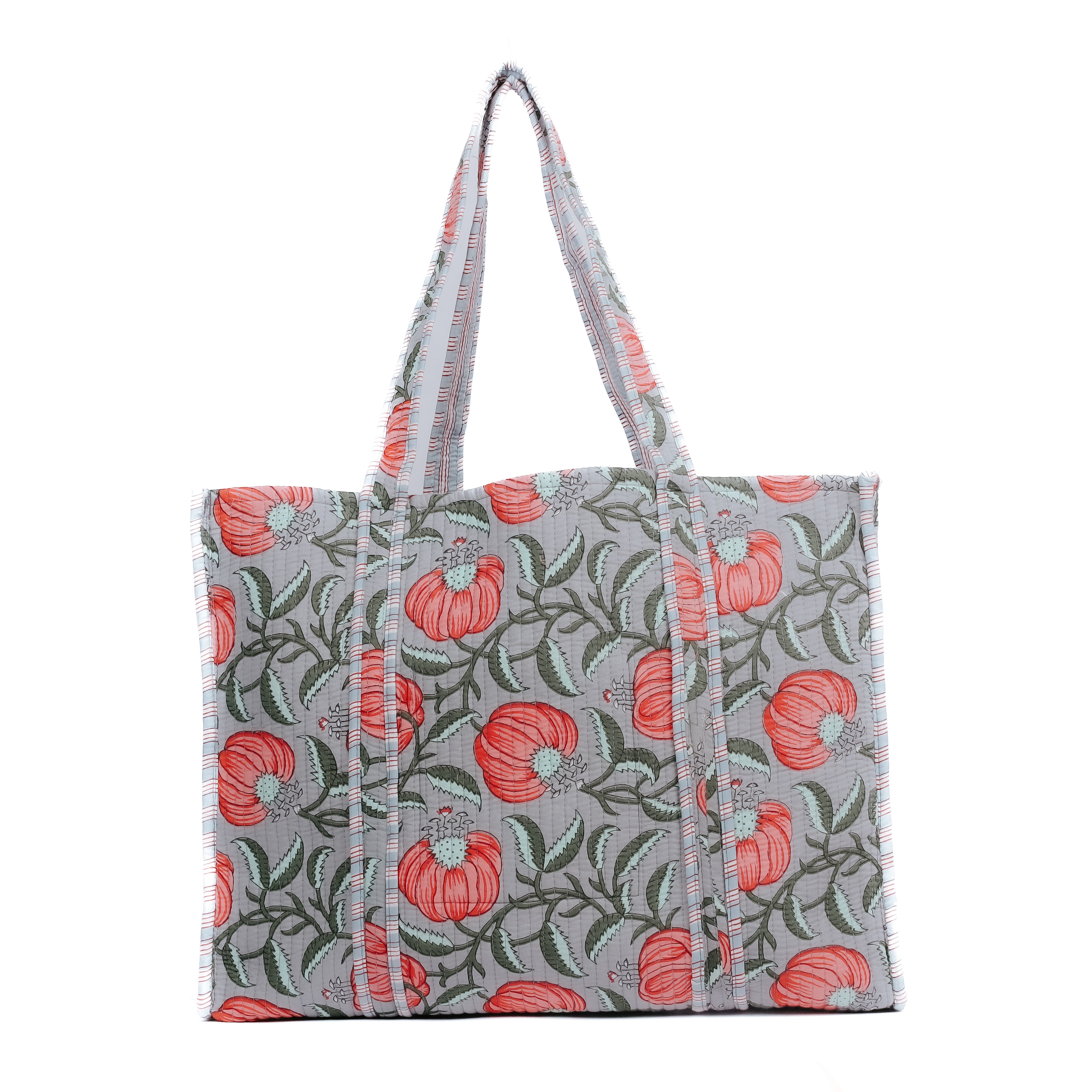 Handblock Printed Quilted Tote Bag without zip/button 17x18x 6 inches