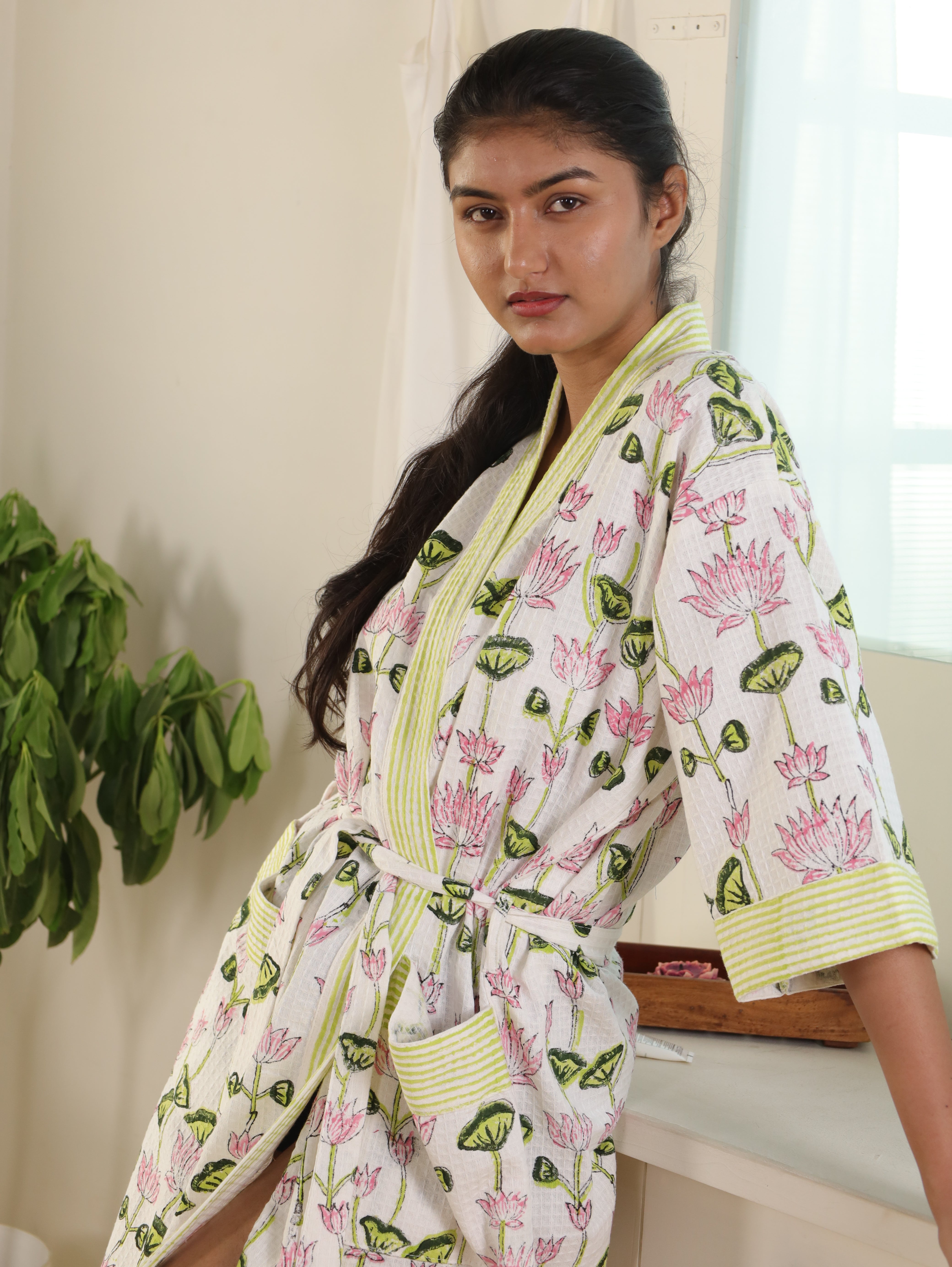 Waffle Cotton Handblock Printed Unisex Bathrobe - Free Size