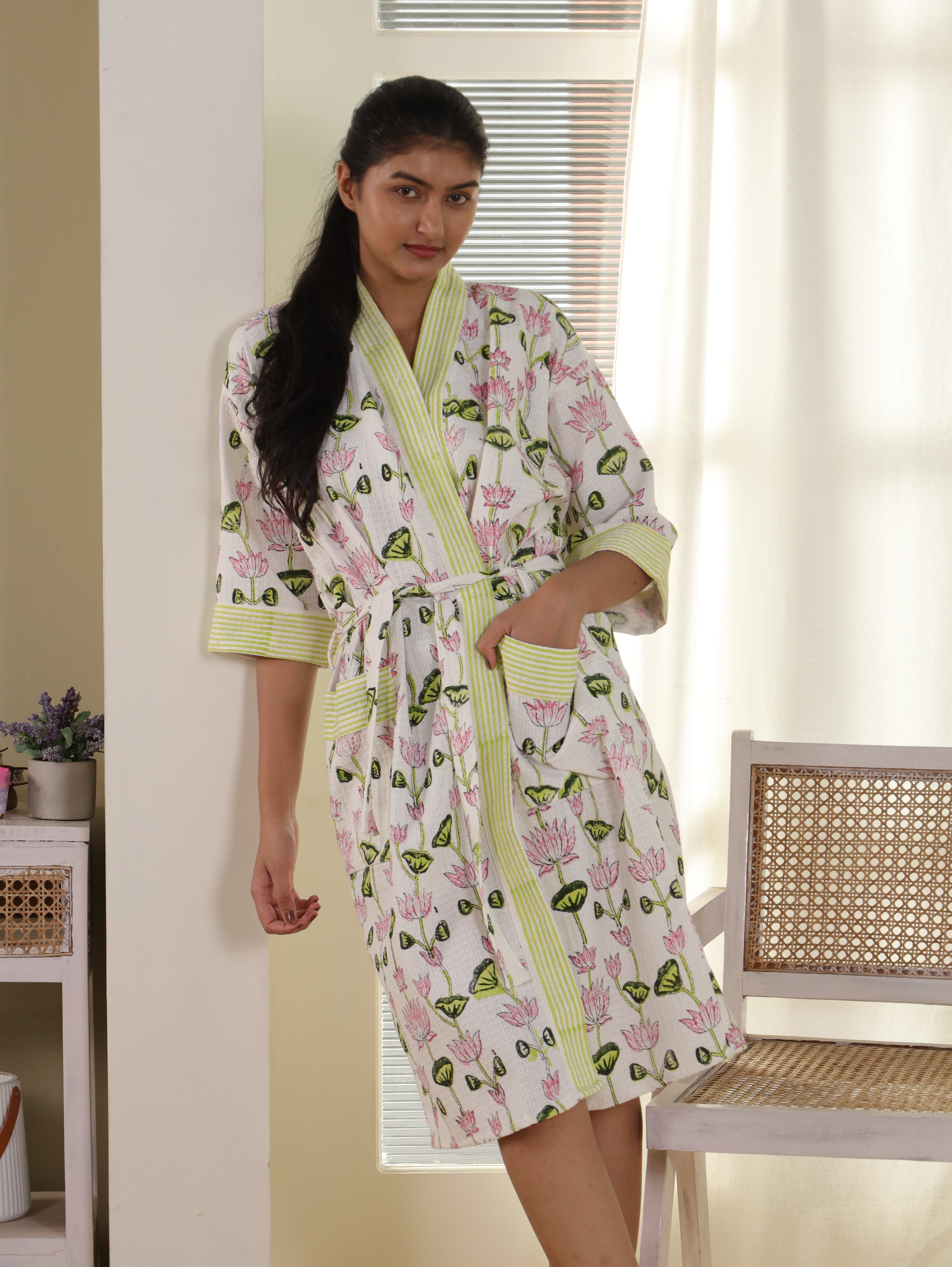 Waffle Cotton Handblock Printed Unisex Bathrobe - Free Size
