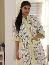 Waffle Cotton Handblock Printed Unisex Bathrobe - Free Size