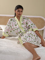 Waffle Cotton Handblock Printed Unisex Bathrobe - Free Size