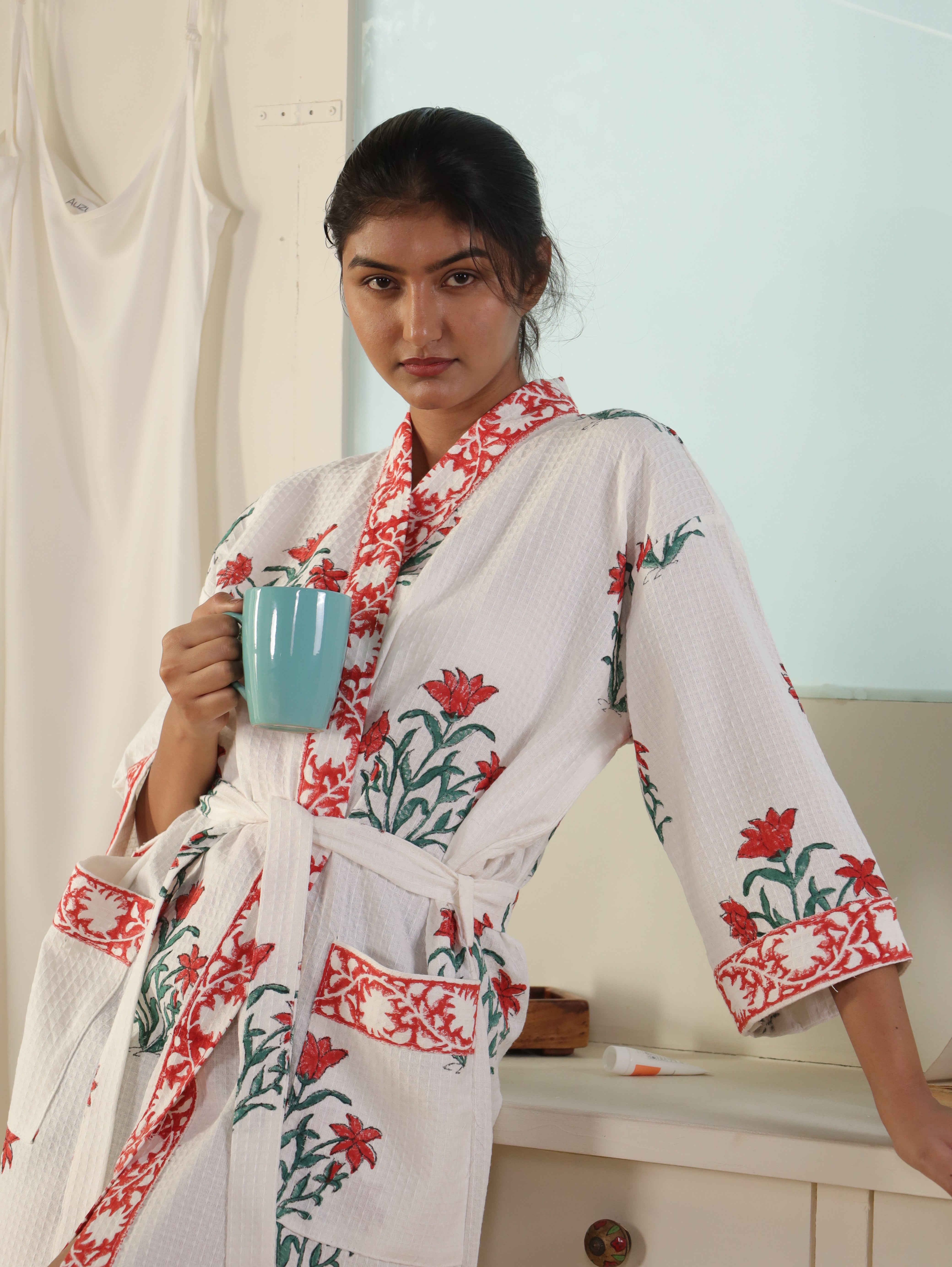 Waffle Cotton Handblock Printed Unisex Bathrobe - Free Size