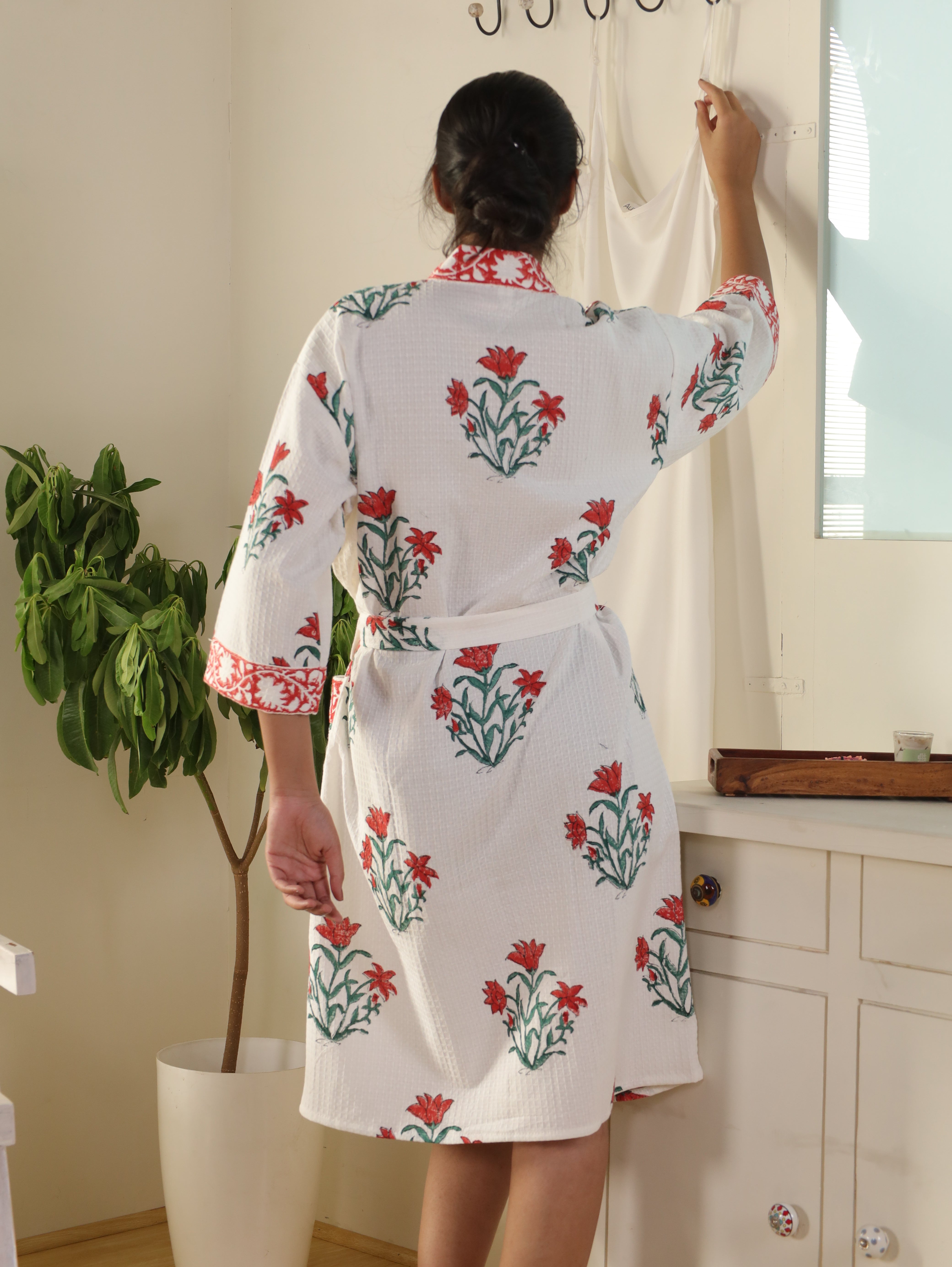 Waffle Cotton Handblock Printed Unisex Bathrobe - Free Size