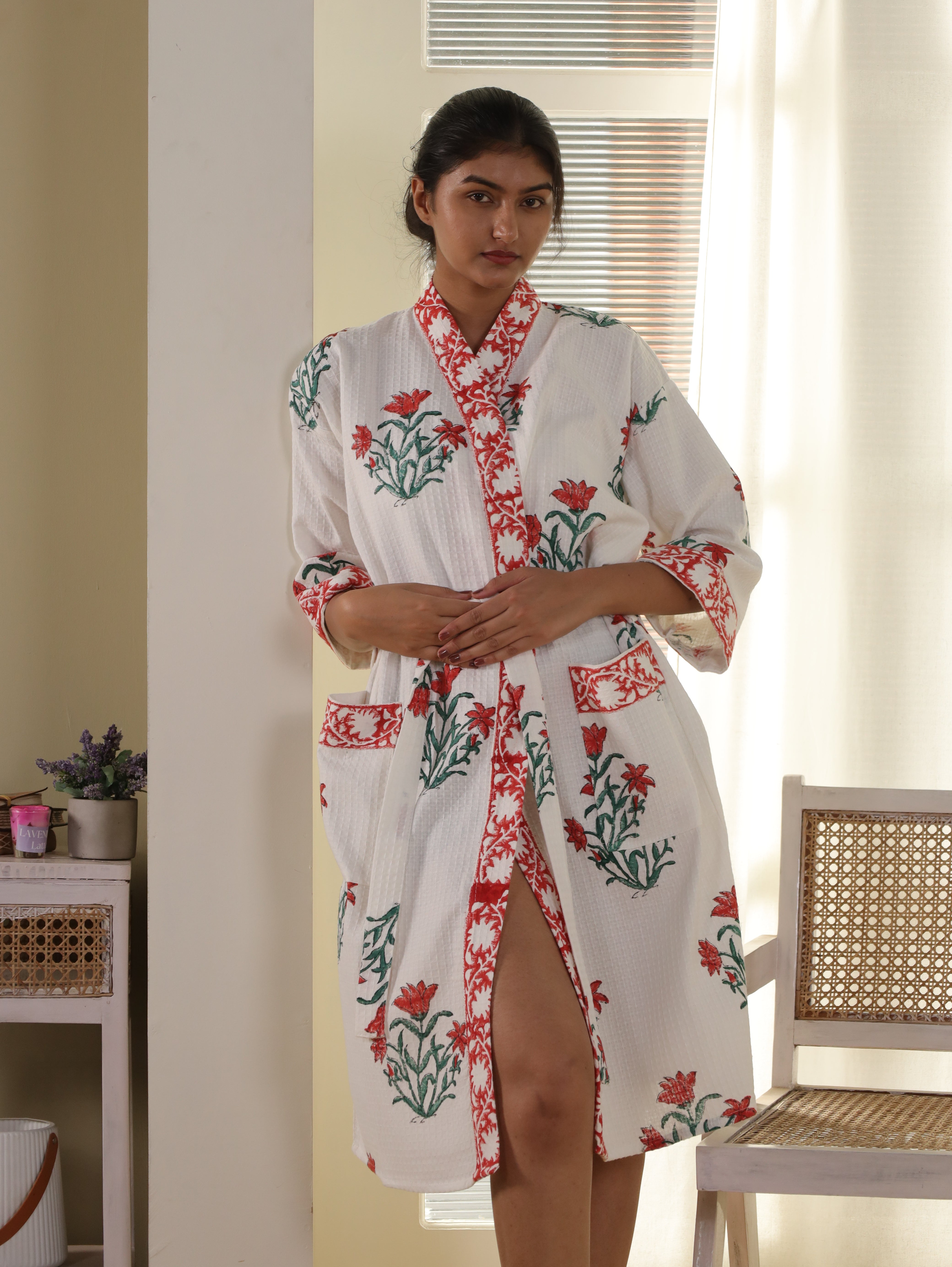 Waffle Cotton Handblock Printed Unisex Bathrobe - Free Size