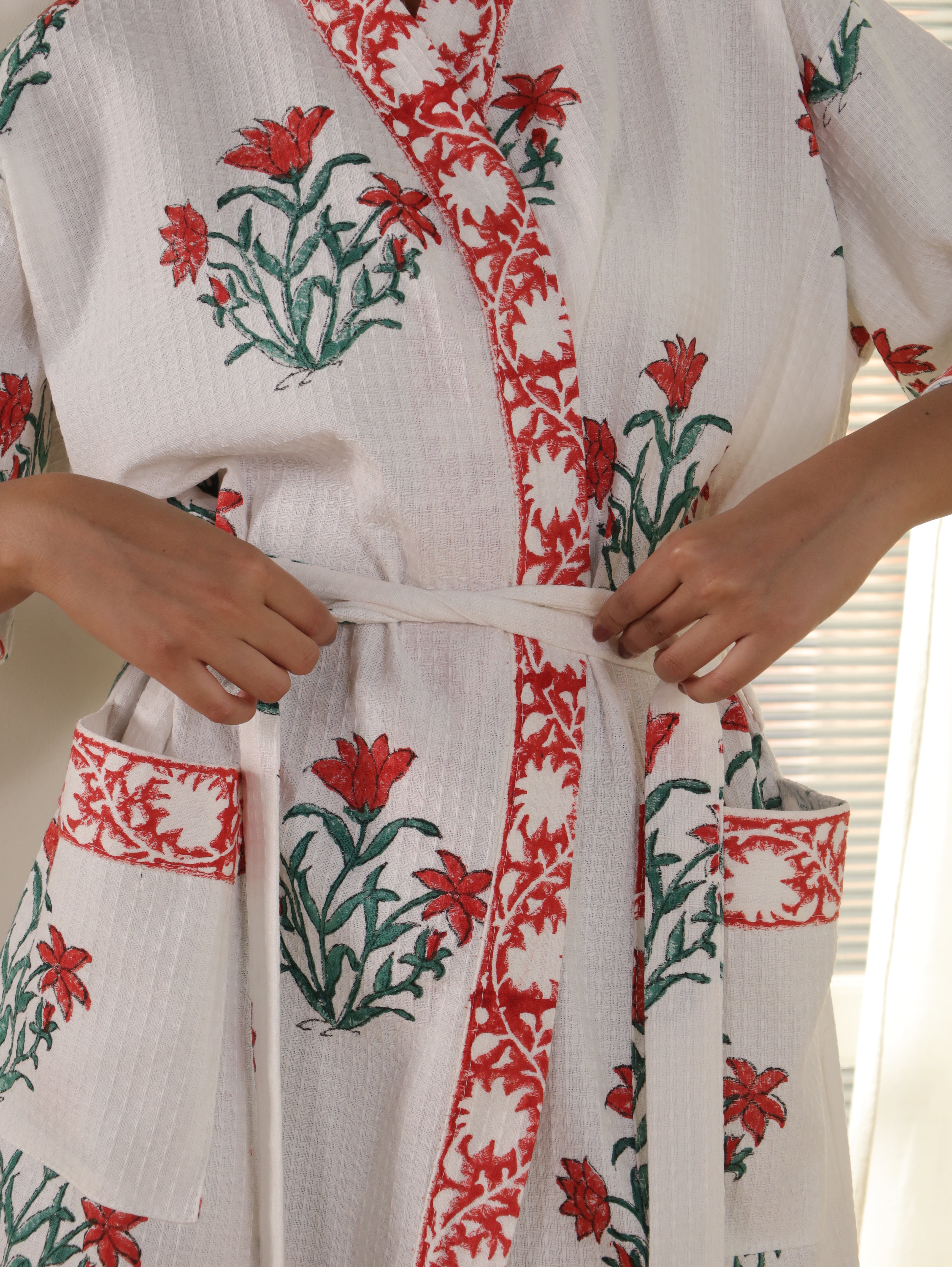 Waffle Cotton Handblock Printed Unisex Bathrobe - Free Size