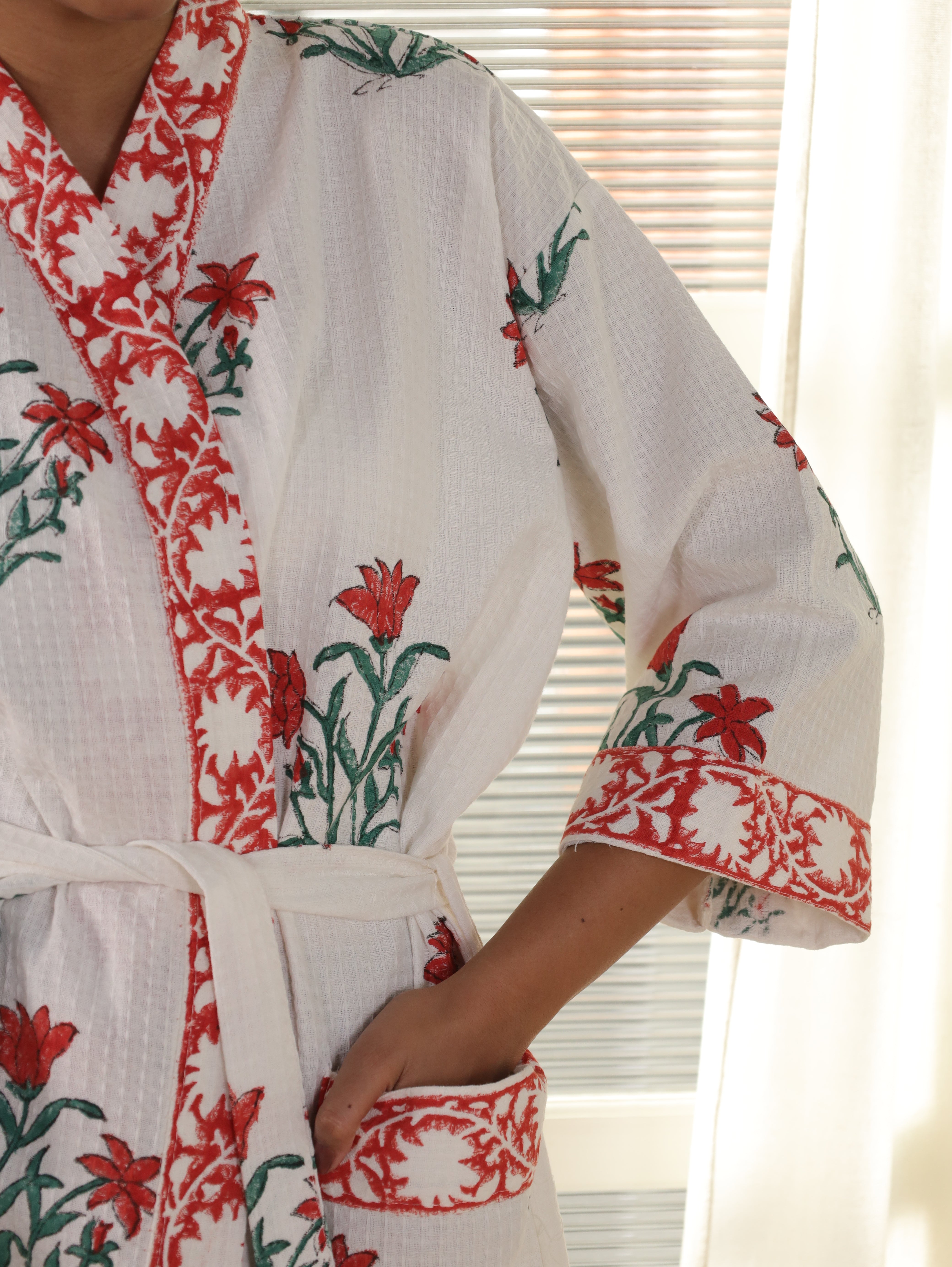 Waffle Cotton Handblock Printed Unisex Bathrobe - Free Size