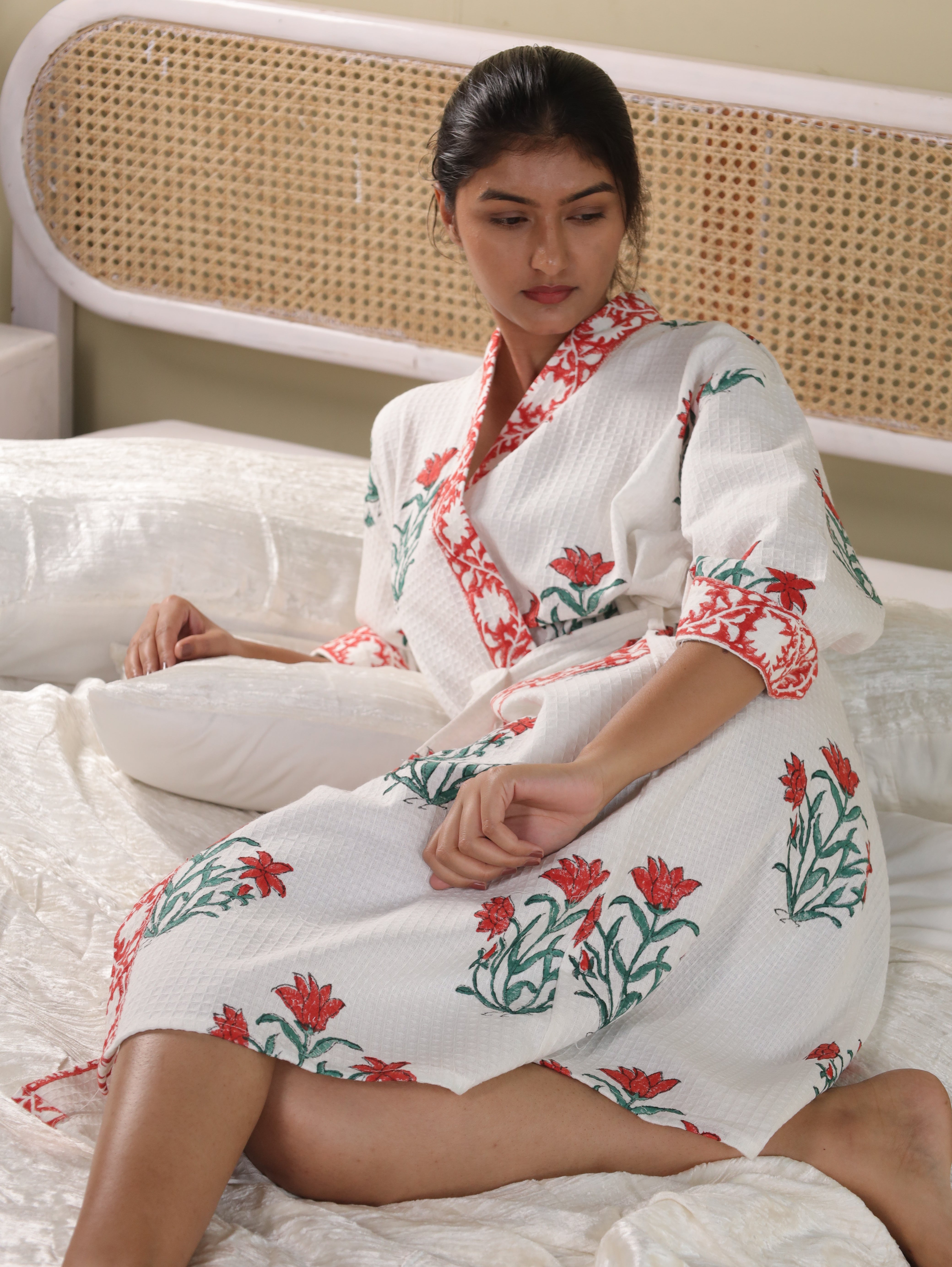 Waffle Cotton Handblock Printed Unisex Bathrobe - Free Size