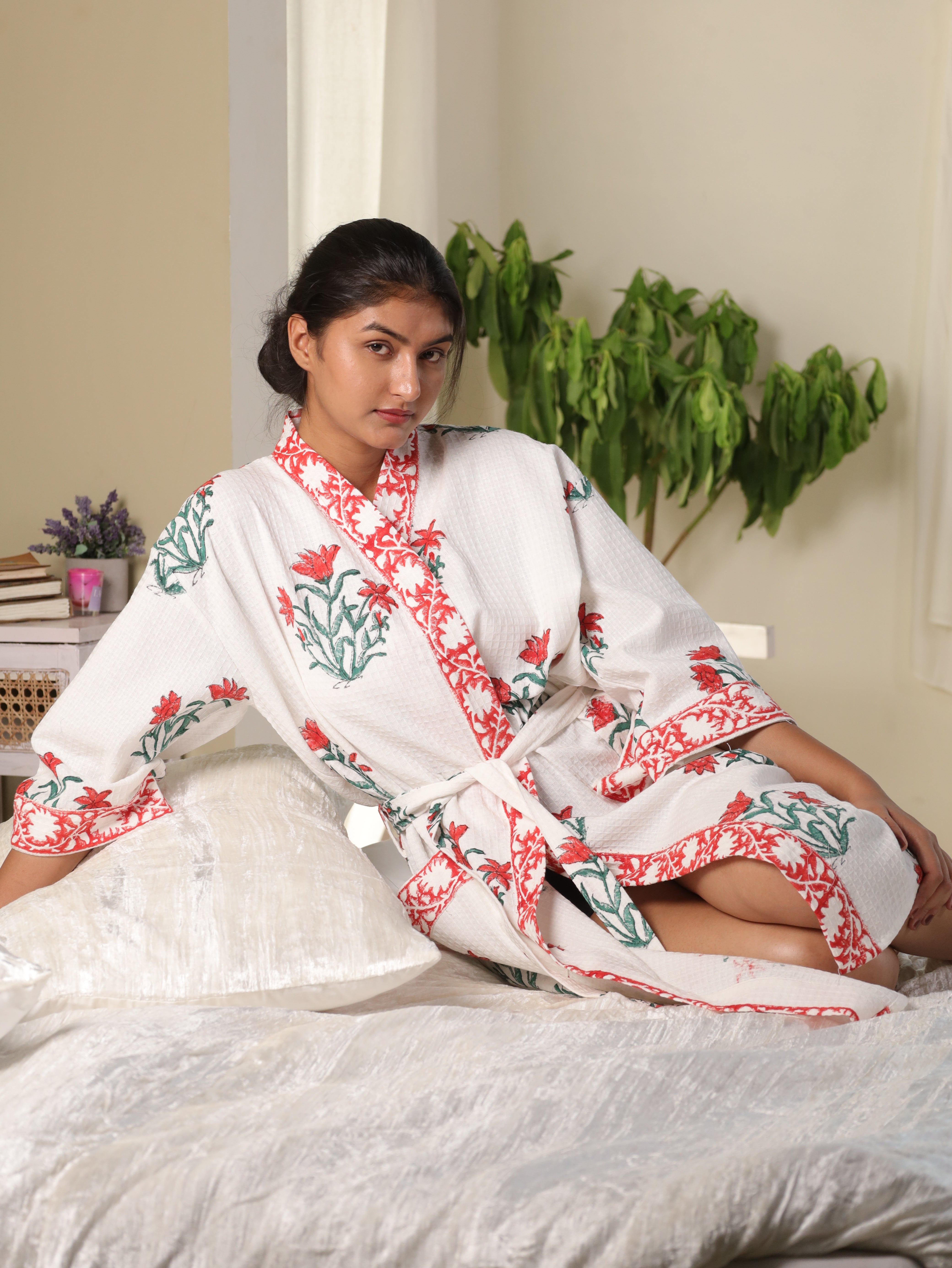Waffle Cotton Handblock Printed Unisex Bathrobe - Free Size