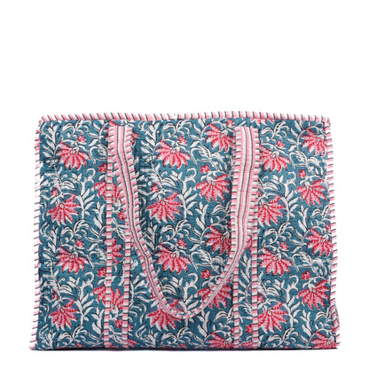 Handblock Printed Quilted Tote Bag with concealed zip ( 17x18x 6 inches)