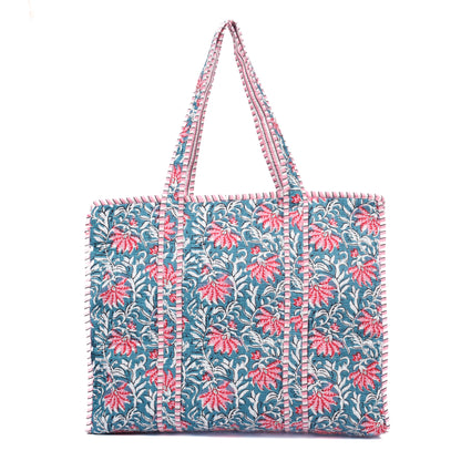 Handblock Printed Quilted Tote Bag with concealed zip ( 17x18x 6 inches)