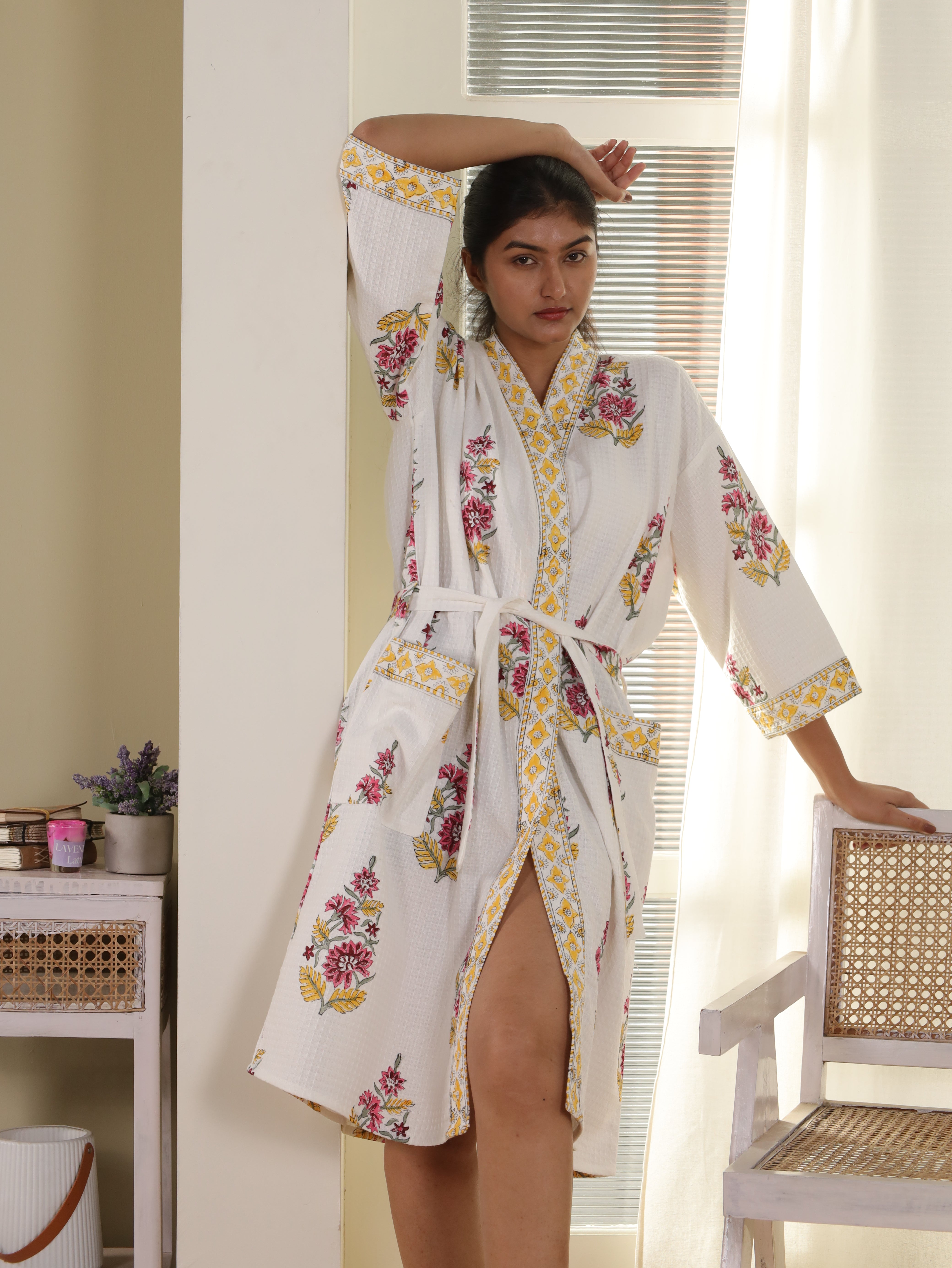 Waffle Cotton Handblock Printed Unisex Bathrobe - Free Size