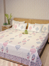 Double King Size Bedding Set-Handblock Bedsheet, Quilted Bedcover, 4 Pillow Covers