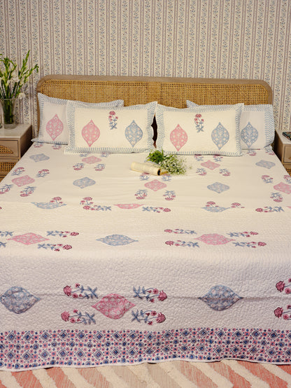 Double King Size Bedding Set-Handblock Bedsheet, Quilted Bedcover, 4 Pillow Covers