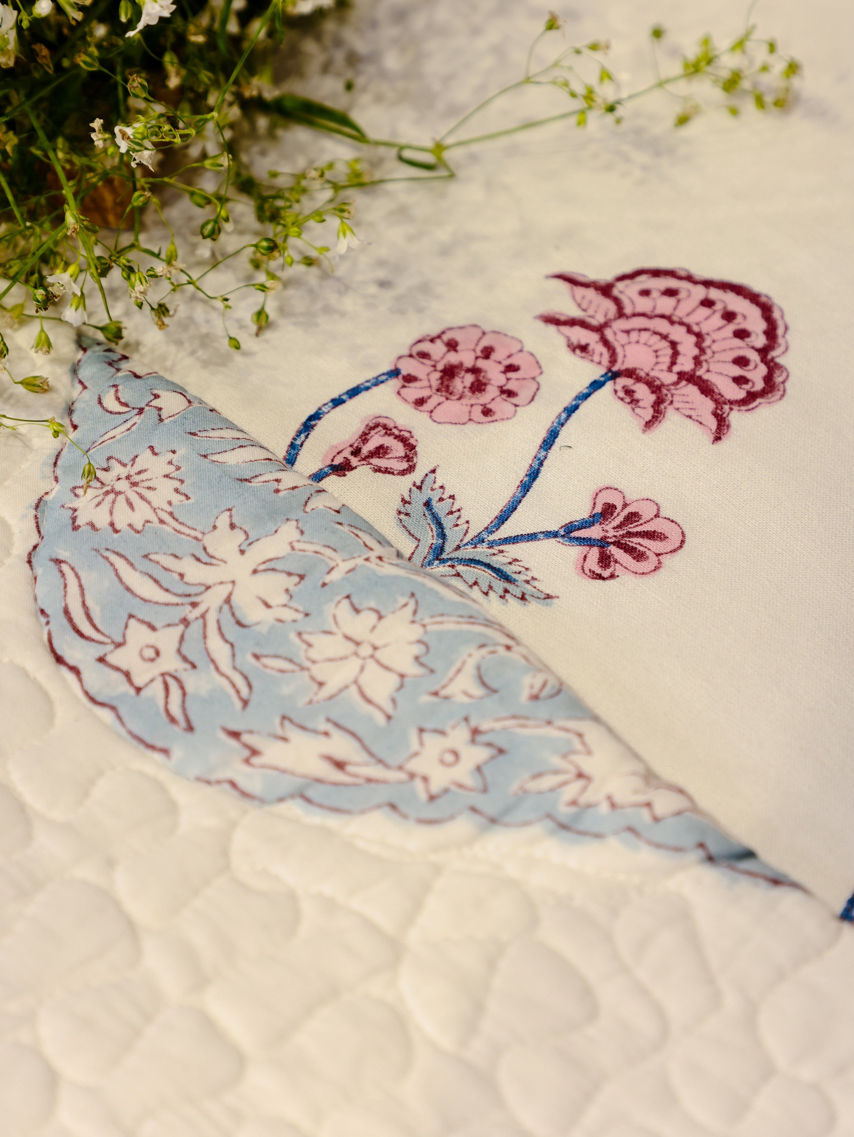 Double King Size Bedding Set-Handblock Bedsheet, Quilted Bedcover, 4 Pillow Covers