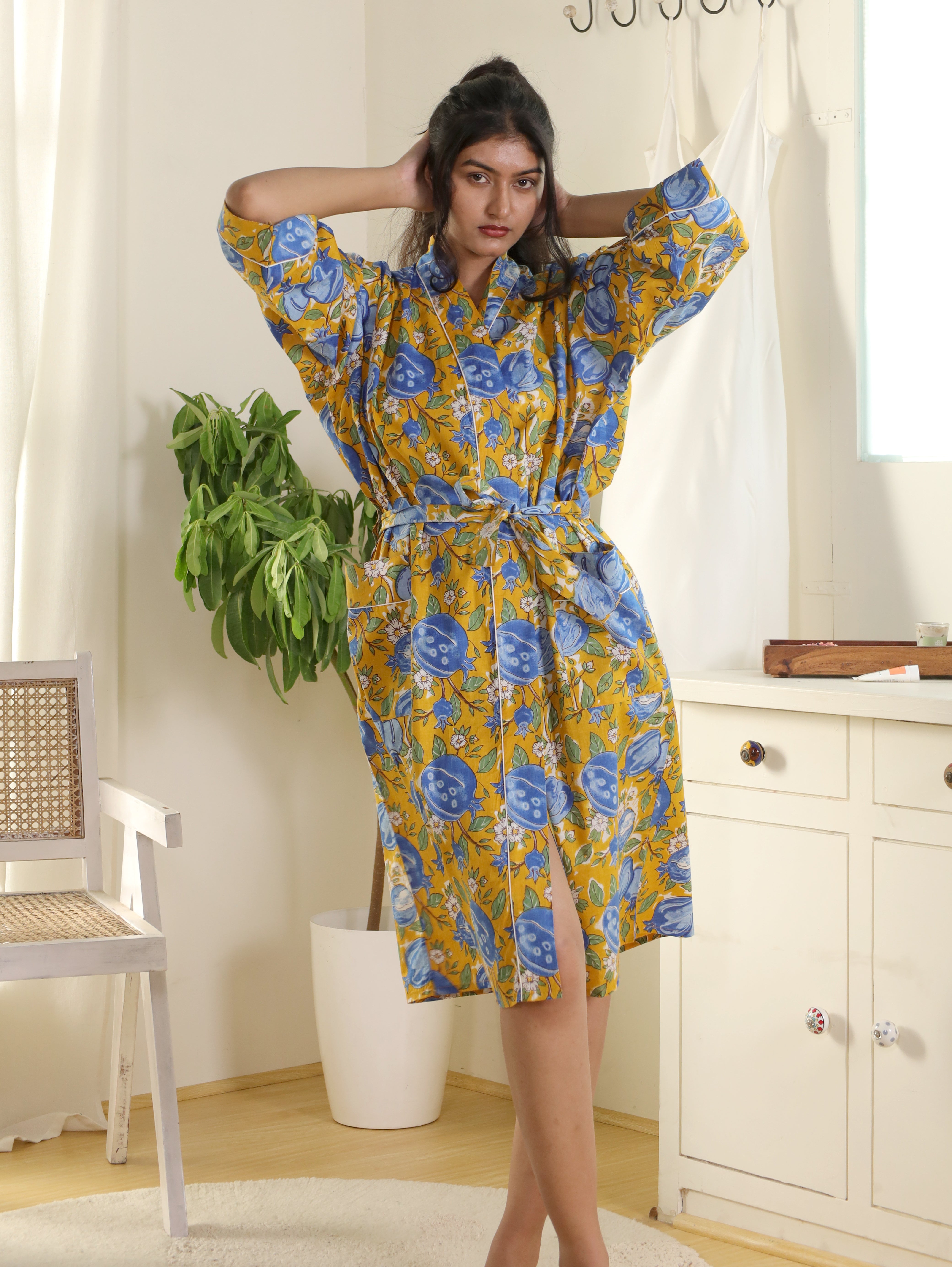 Cotton Kimono Handblock Printed Unisex Bathrobe - Free Size