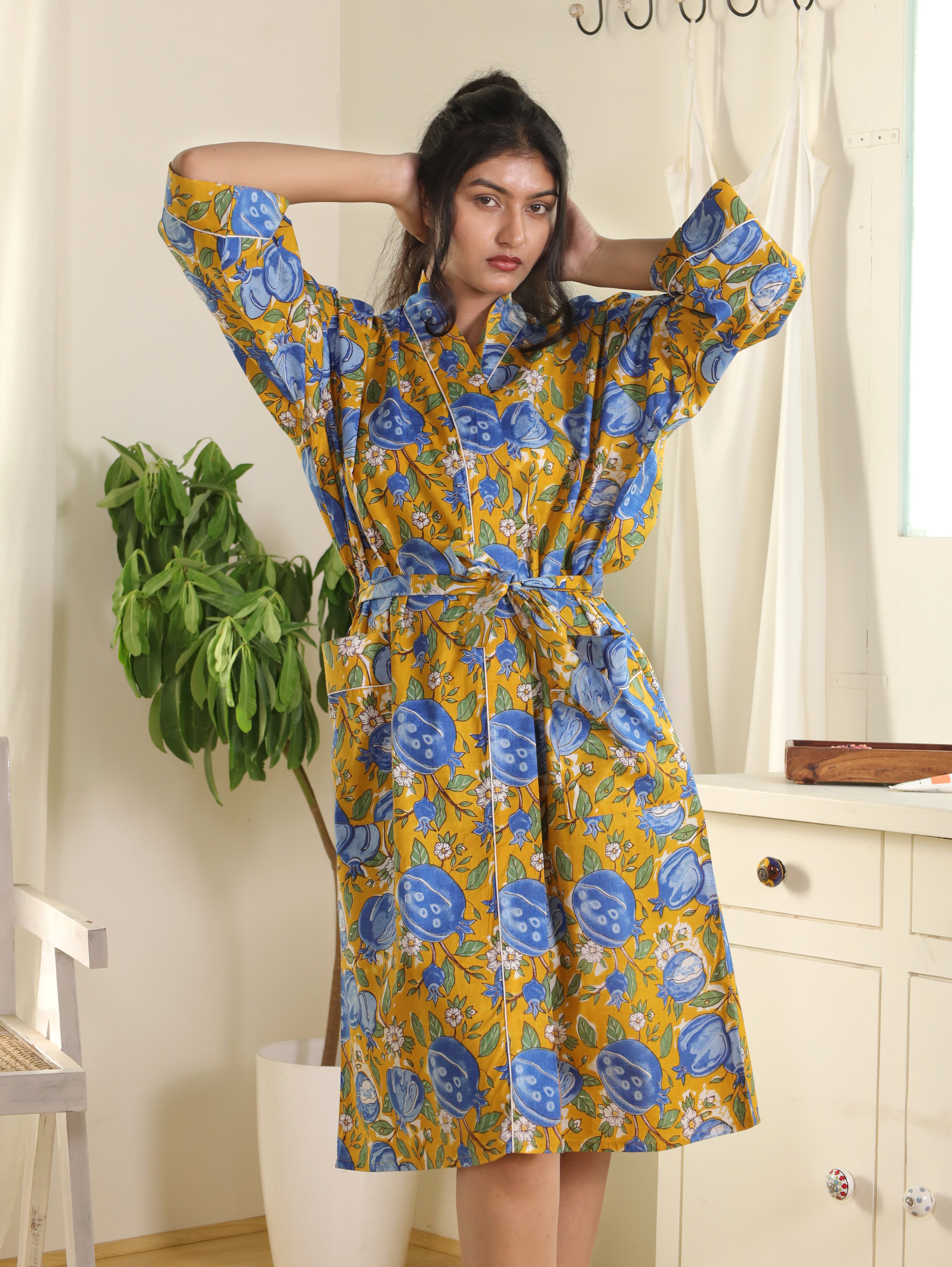 Cotton Kimono Handblock Printed Unisex Bathrobe - Free Size