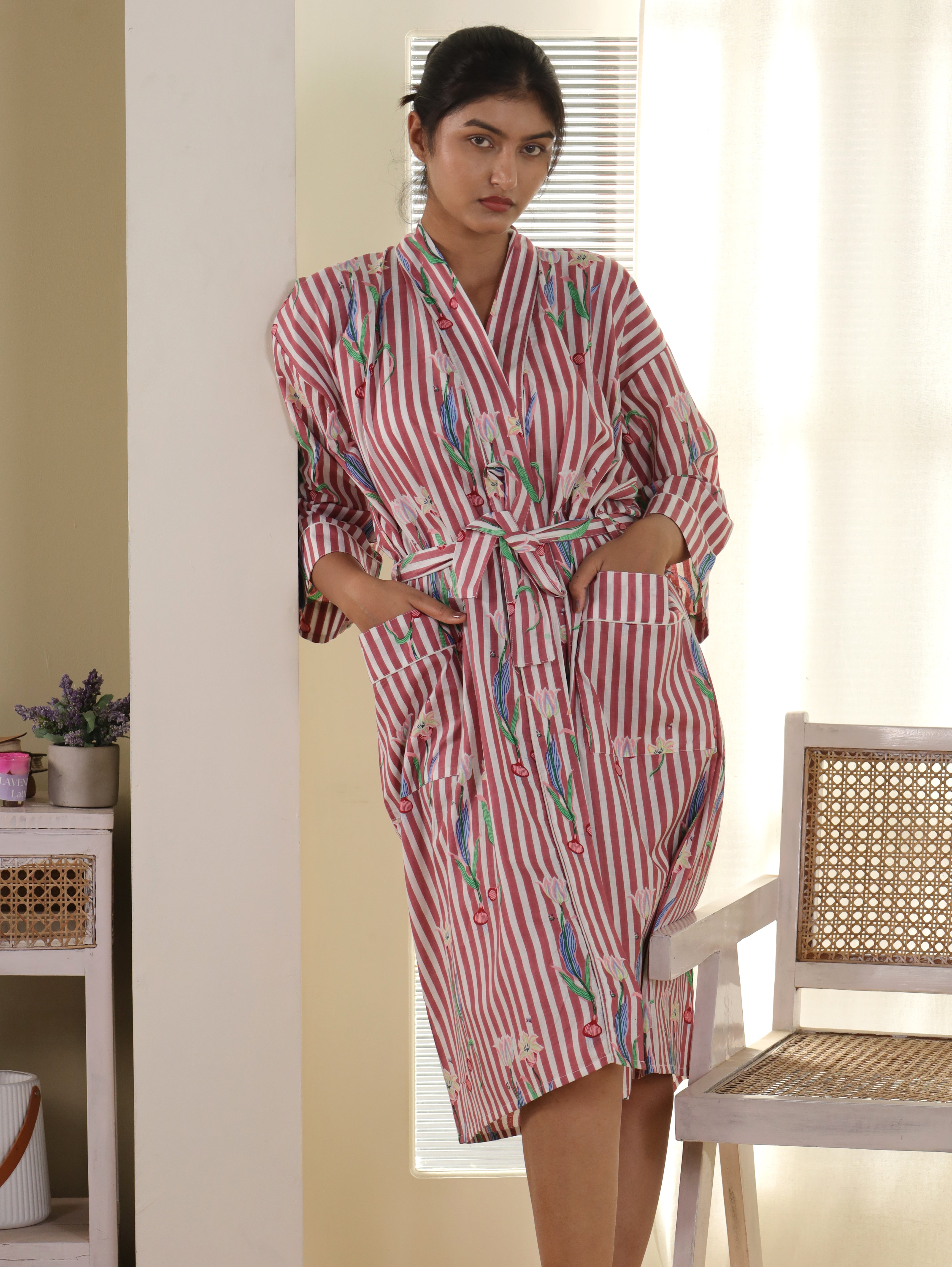 Cotton Kimono Handblock Printed Unisex Bathrobe - Free Size