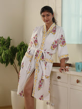 Waffle Cotton Handblock Printed Unisex Bathrobe - Free Size