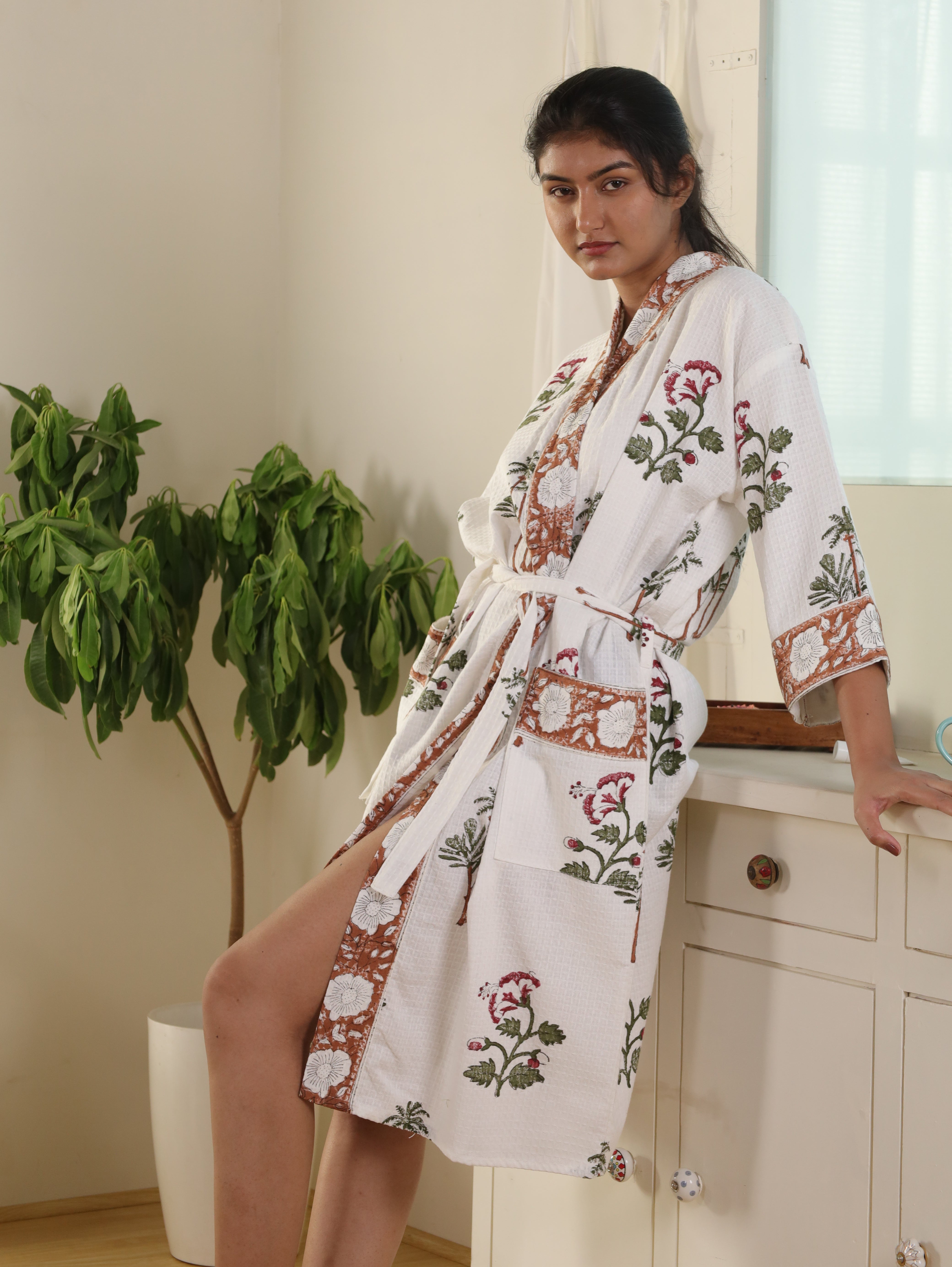Waffle Cotton Handblock Printed Unisex Bathrobe - Free Size