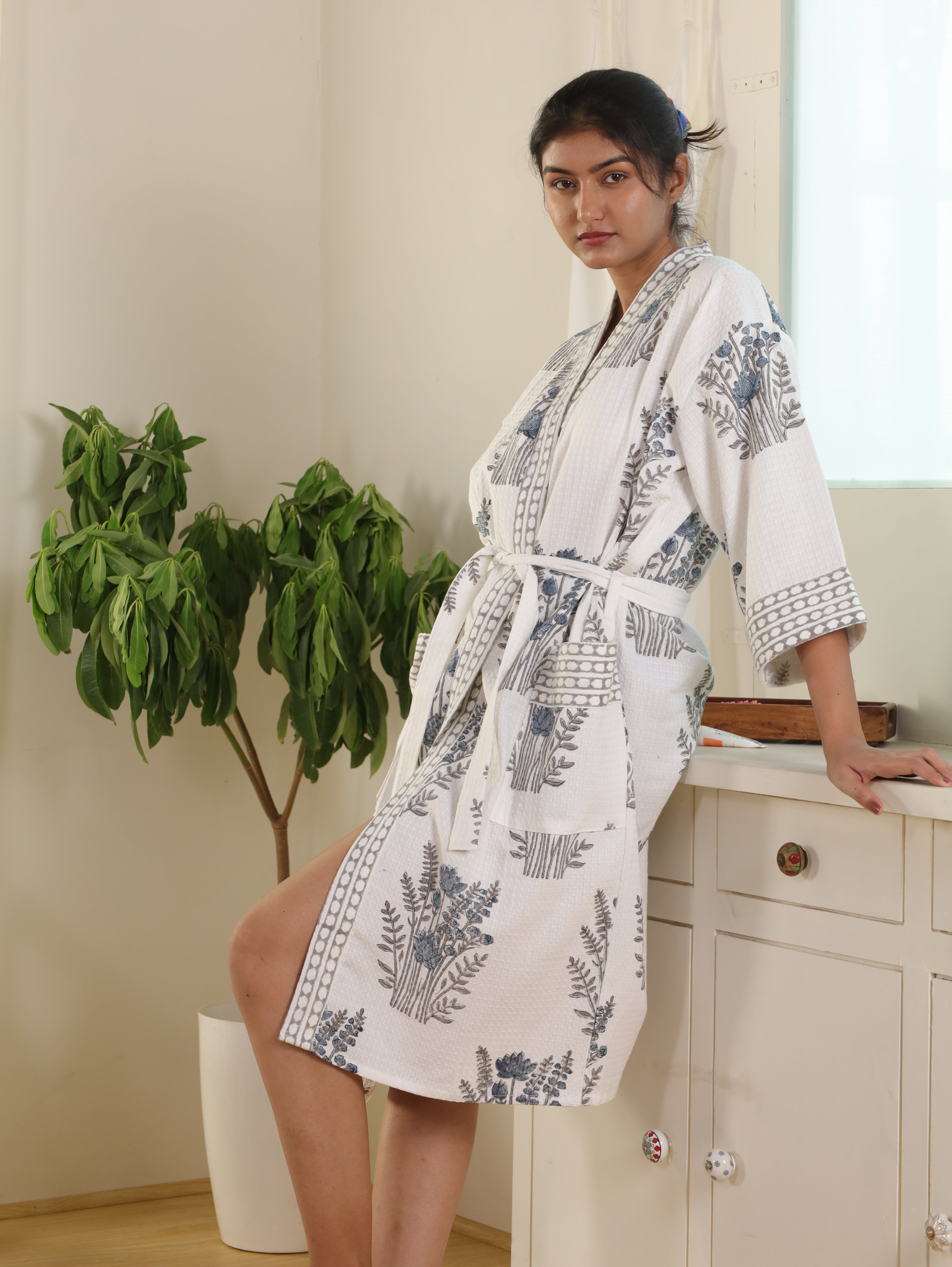 Waffle Cotton Handblock Printed Unisex Bathrobe - Free Size