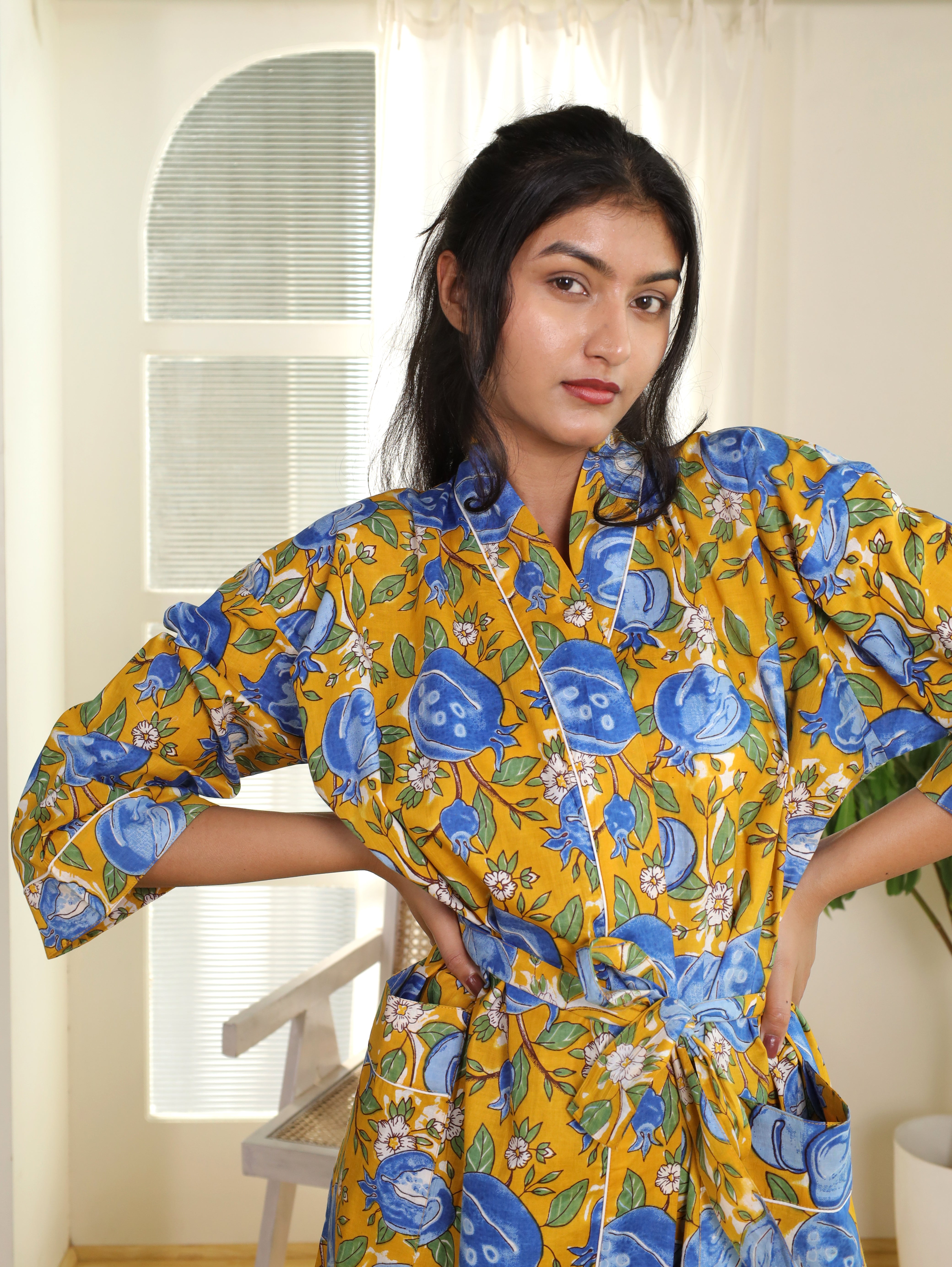 Cotton Kimono Handblock Printed Unisex Bathrobe - Free Size