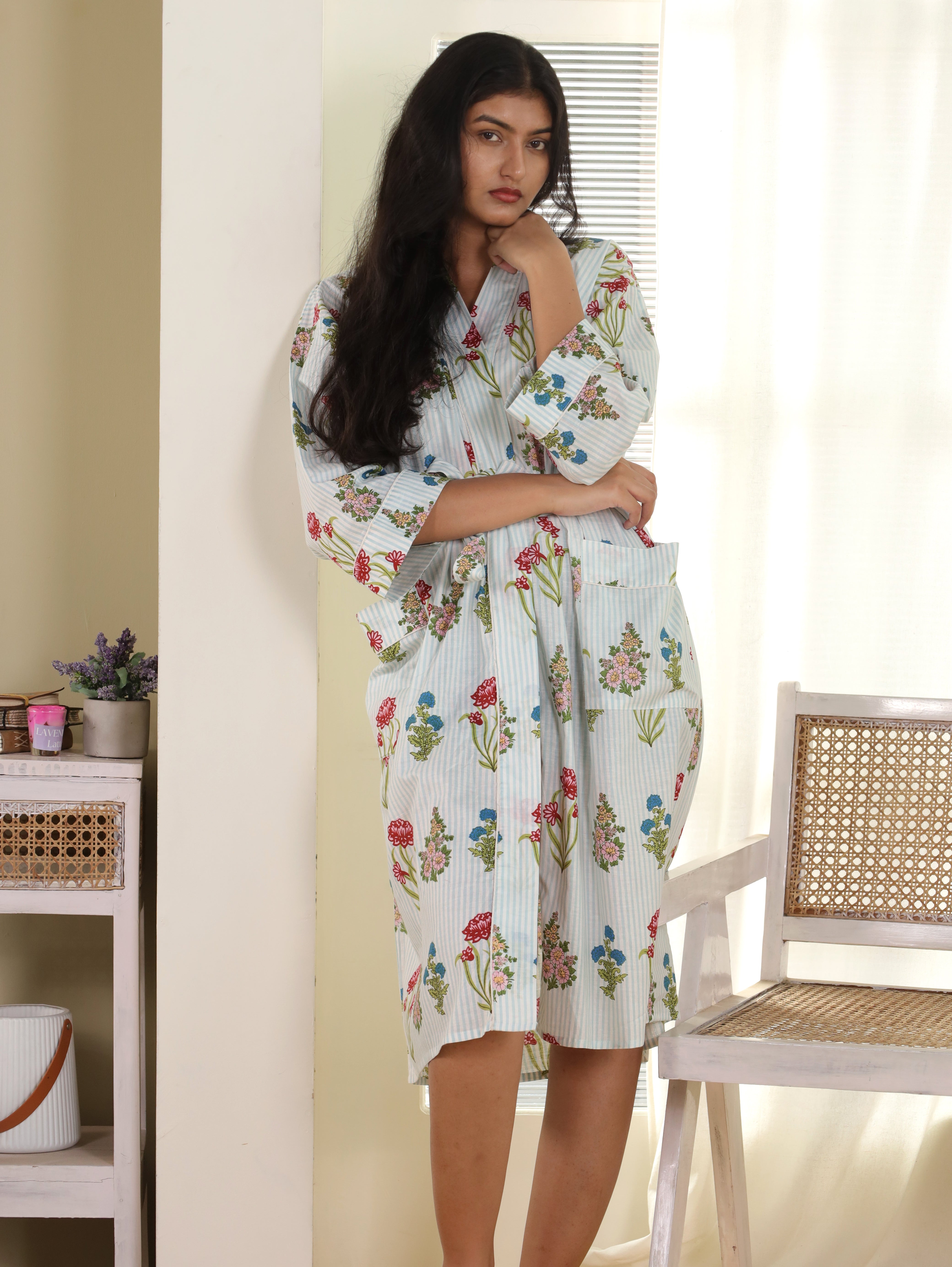 Cotton Kimono Handblock Printed Unisex Bathrobe - Free Size