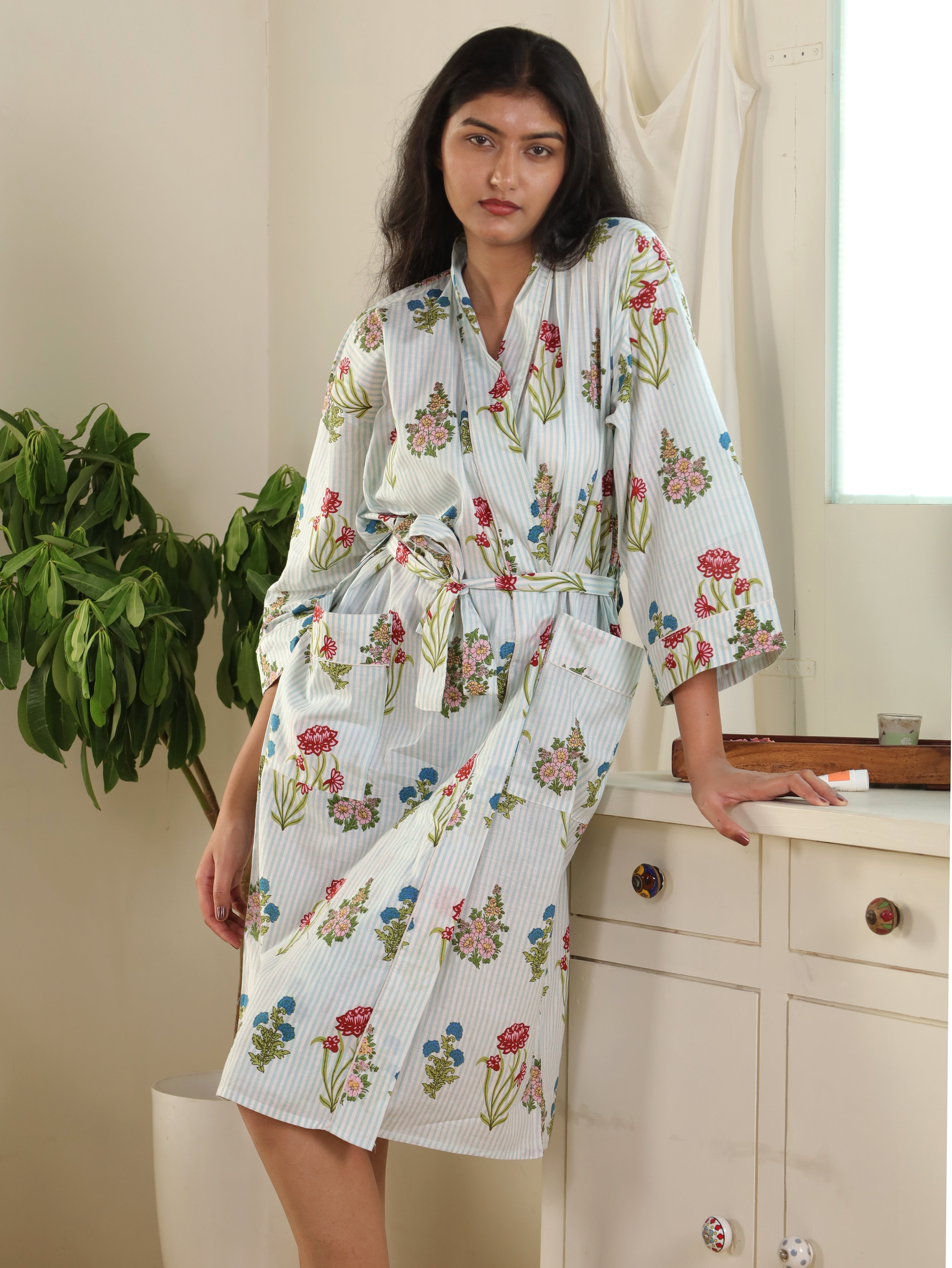 Cotton Kimono Handblock Printed Unisex Bathrobe - Free Size