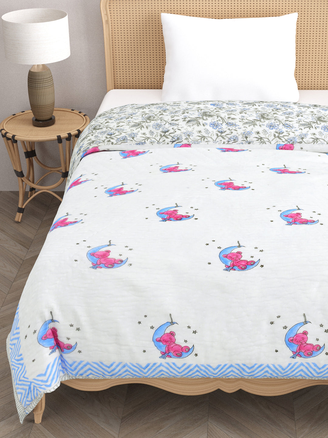 Handblock printed Cotton Reversible Kids Razai/ Quilt- 60x90 inches