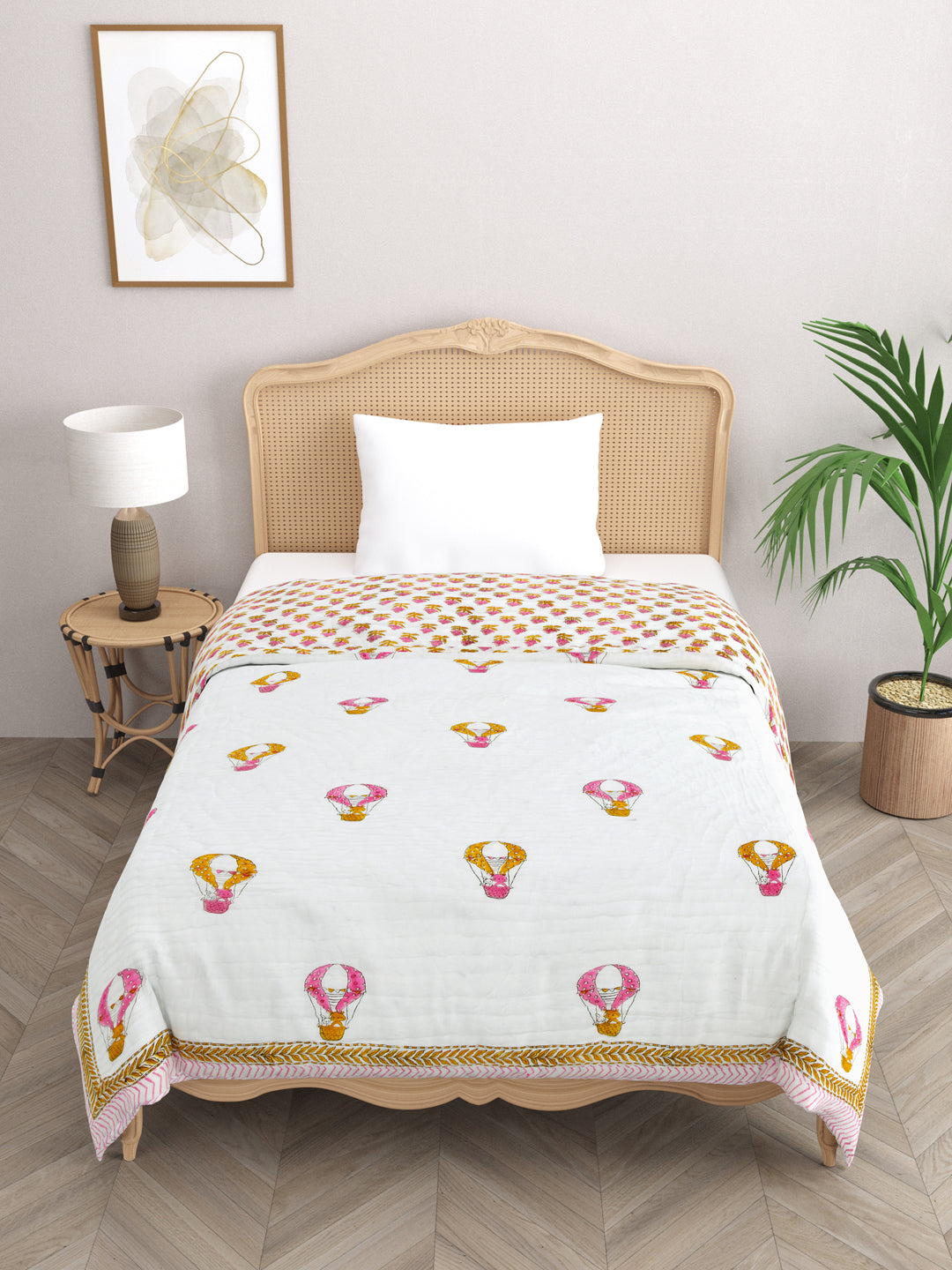 Handblock printed Cotton Reversible Kids Razai/ Quilt- 60x90 inches