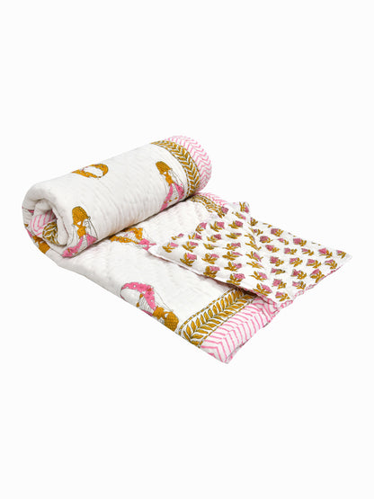 Handblock printed Cotton Reversible Kids Razai/ Quilt- 60x90 inches