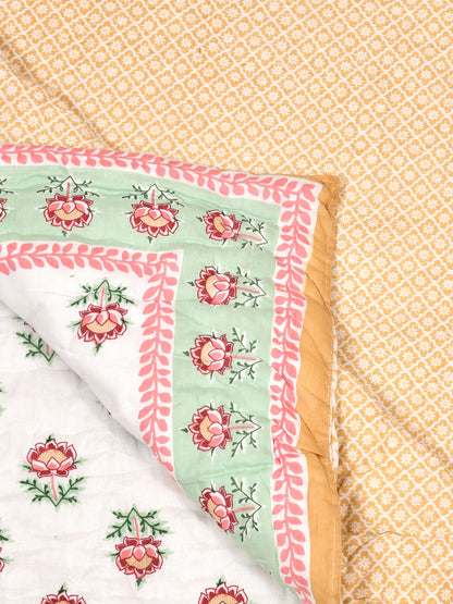 Floral Printed Bedding Set - 1 King Bedsheet, 1 Jaipuri Razai/Quilt, 2 Pillow Covers