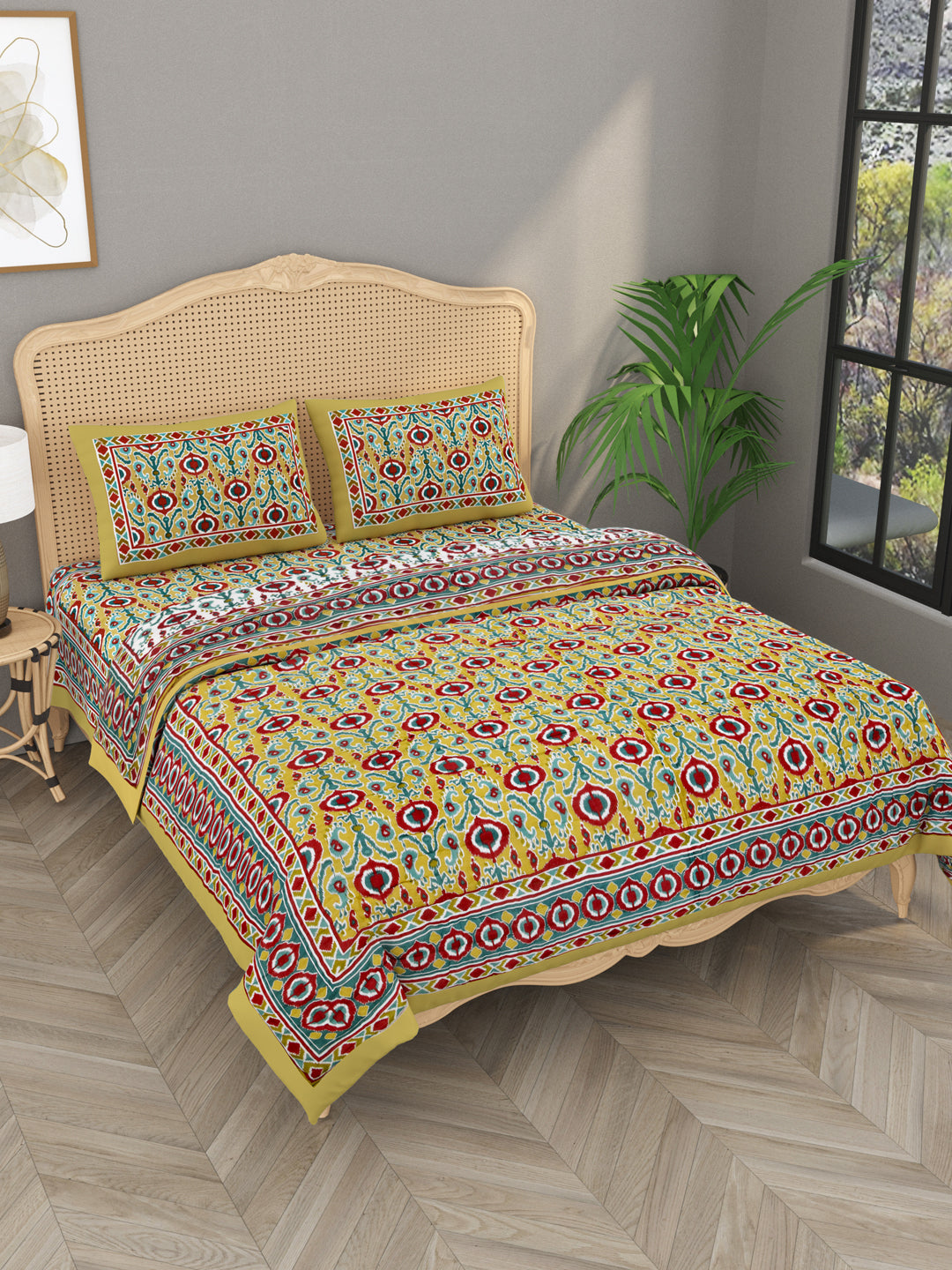 Ikat Printed Bedding Set - 1 King Bedsheet, 1 Jaipuri Razai/Quilt, 2 Pillow Covers