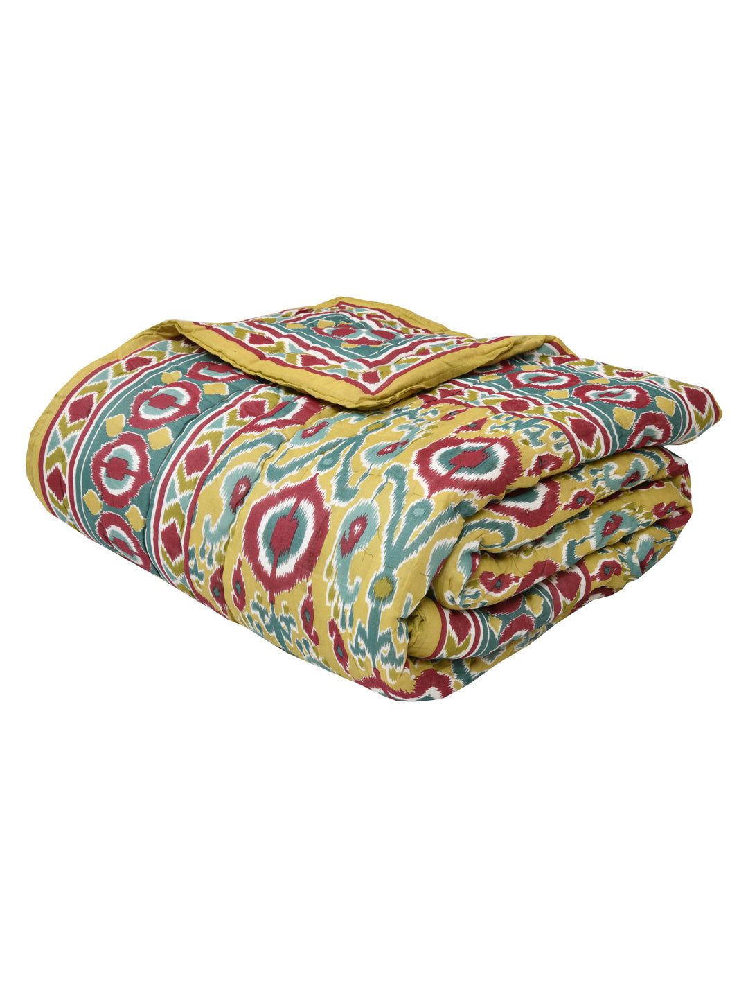 Ikat Printed Bedding Set - 1 King Bedsheet, 1 Jaipuri Razai/Quilt, 2 Pillow Covers