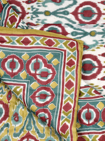 Ikat Printed Bedding Set - 1 King Bedsheet, 1 Jaipuri Razai/Quilt, 2 Pillow Covers