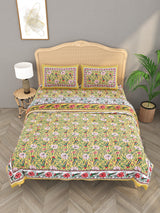 Floral Printed Bedding Set - 1 King Bedsheet, 1 Jaipuri Razai/Quilt, 2 Pillow Covers