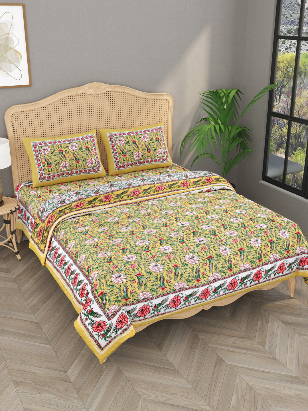 Floral Printed Bedding Set - 1 King Bedsheet, 1 Jaipuri Razai/Quilt, 2 Pillow Covers